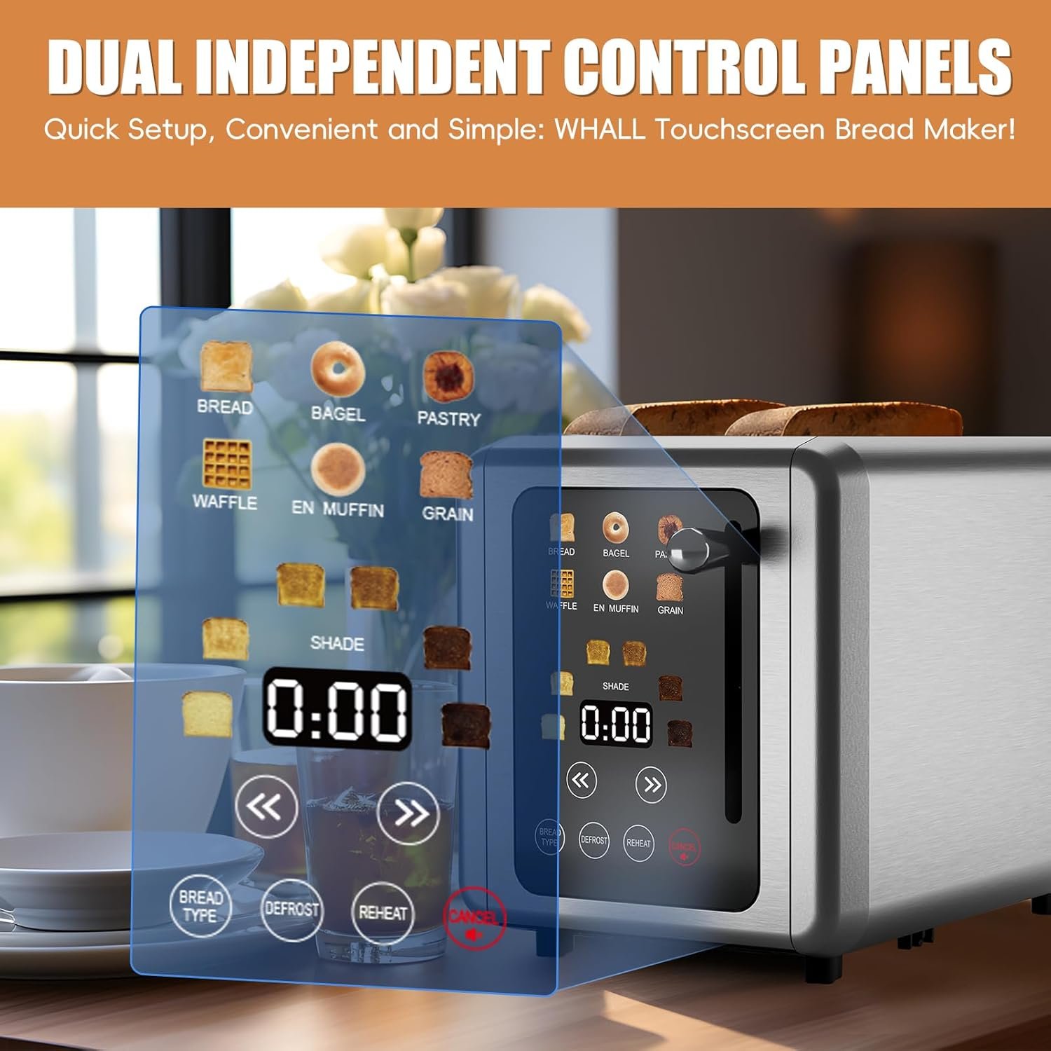WHALL® Touch Screen Toaster 2 Slice, Stainless Steel Digital Timer Toaster, 6 Bread Types & 6 Shade Settings, Smart Extra Wide Slots Toasters With Bagel, Cancel, Defrost Functions - Image 2