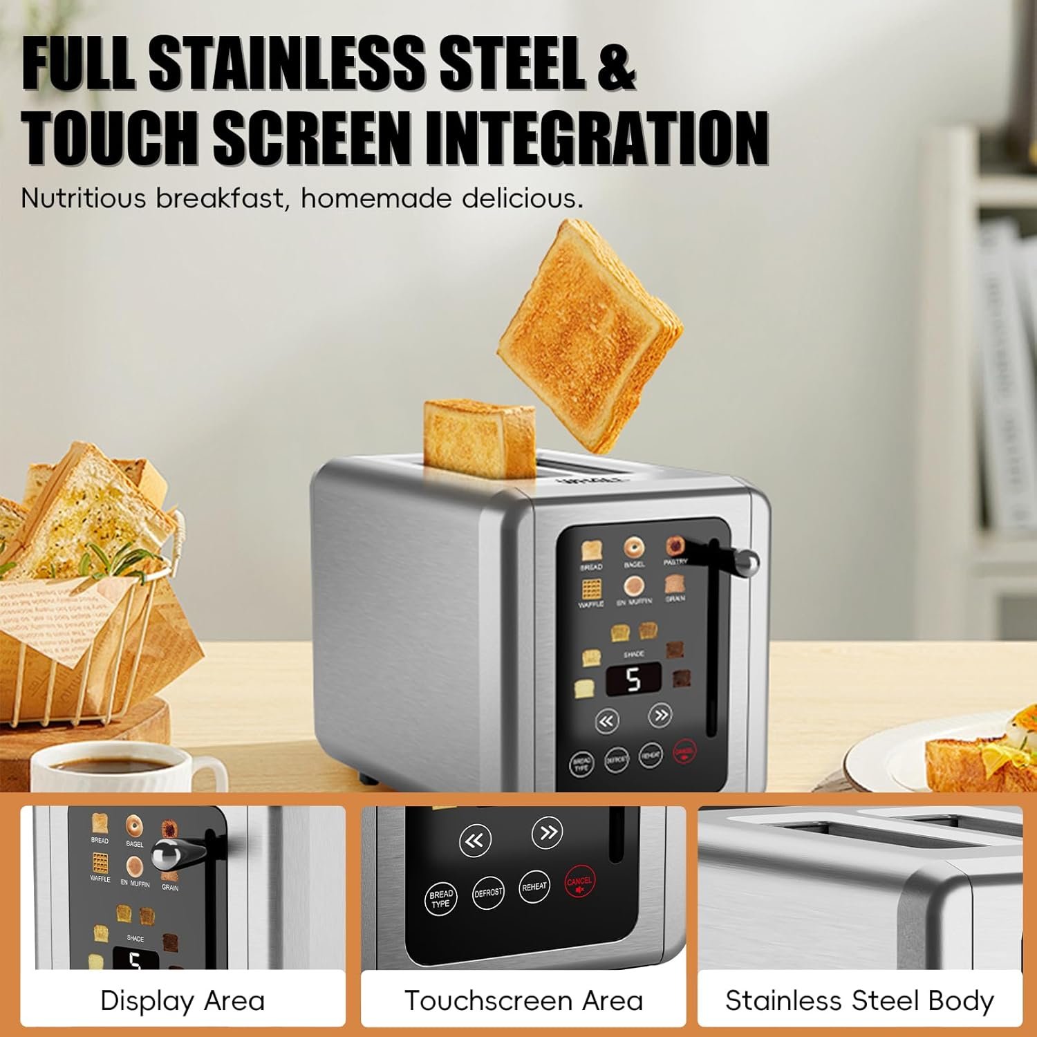 WHALL® Touch Screen Toaster 2 Slice, Stainless Steel Digital Timer Toaster, 6 Bread Types & 6 Shade Settings, Smart Extra Wide Slots Toasters With Bagel, Cancel, Defrost Functions - Image 7