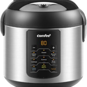 COMFEE’ Compact Rice Cooker, 6-in-1 Stainless Steel Multi Cooker, Slow Cooker, Steamer, Saute, and Warmer, 2 QT, 8 Cups Cooked(4 Cups Uncooked), Brown Rice, Quinoa and Oatmeal, 6 One-Touch Programs