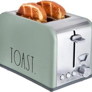 Rae Dunn Toaster, Stainless Steel 2 Slice Square Toaster, Wide Slot with 5 Browning Levels, with Bagel, Defrost and Cancel Options (Sage)