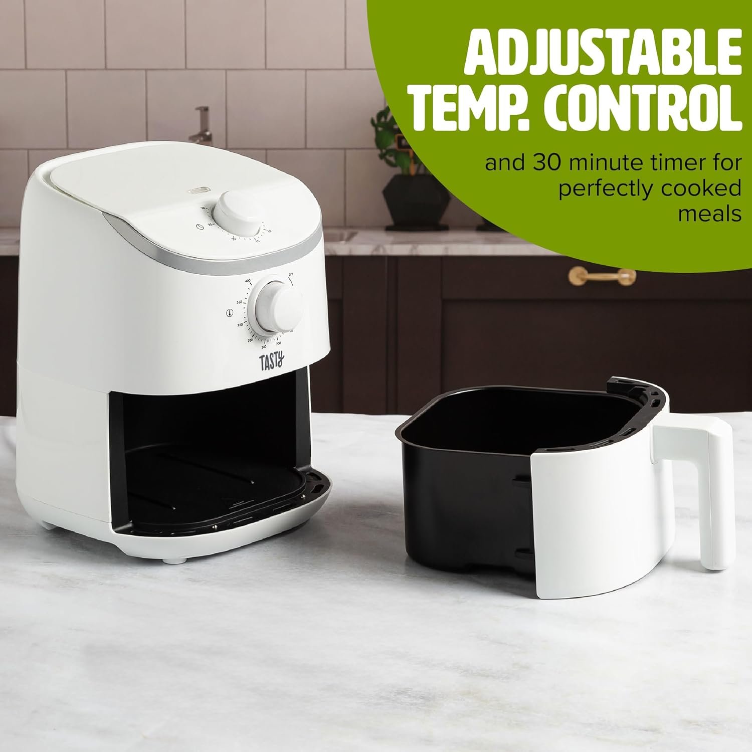 Personal Air Fryer, Healthier Meals in Minutes, Adjustable Temp Control up to 400°F, Easy-to-Use Design, Nonstick Basket and Tray Made without PFAS, PFOA, PFOS & PTFE, 900 Watts, 2-Quart, White - Image 3