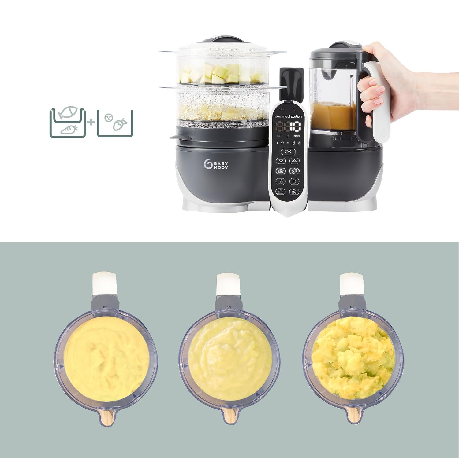 Babymoov Duo Meal Station Grey: Multi-Speed Baby Food Maker Steamer and Puree Blender, Baby Food Processor that warms & defrosts (Nutritionist Approved) - Image 5