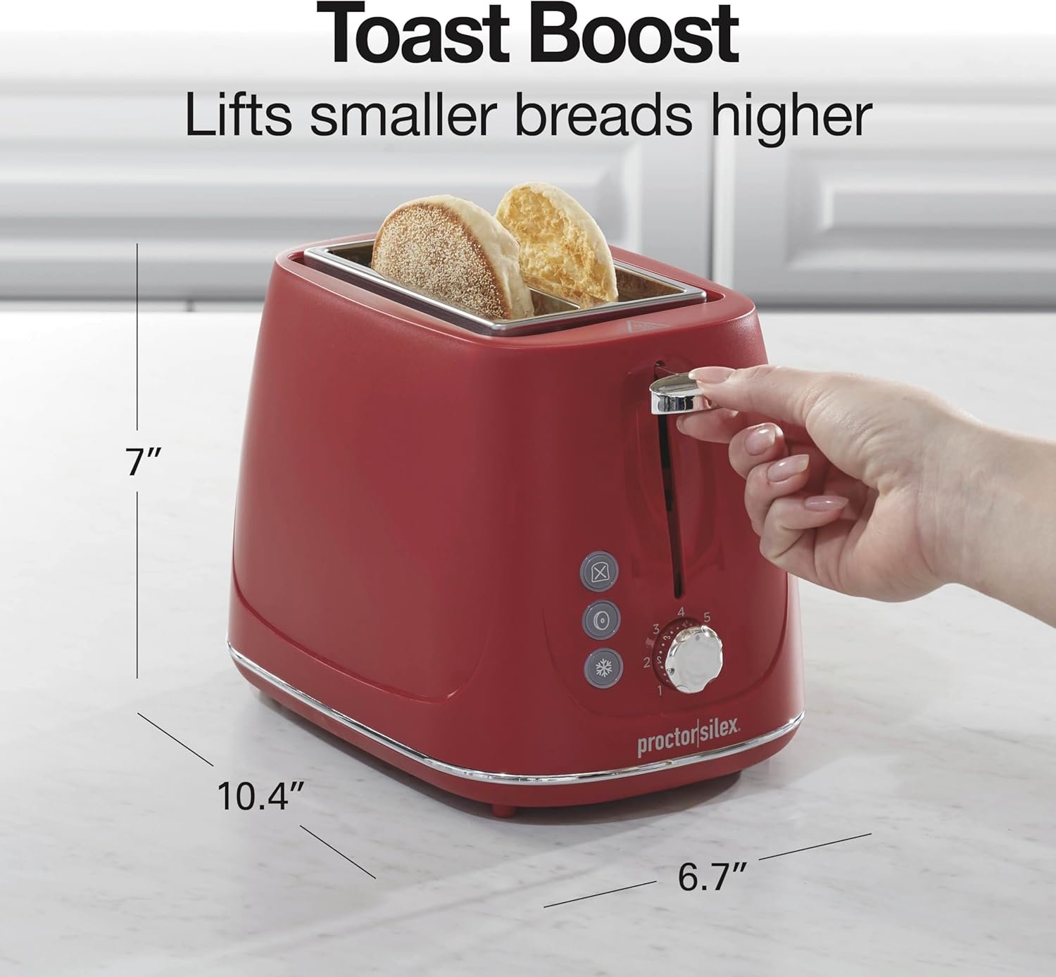 Proctor Silex Plastic 2 Slice Toaster, Bagel, Defrost & Cancel Buttons, Browning Control With 7 Shades, Auto Shutoff, Slide-Out Crumb Tray, Red (22661) - Image 6