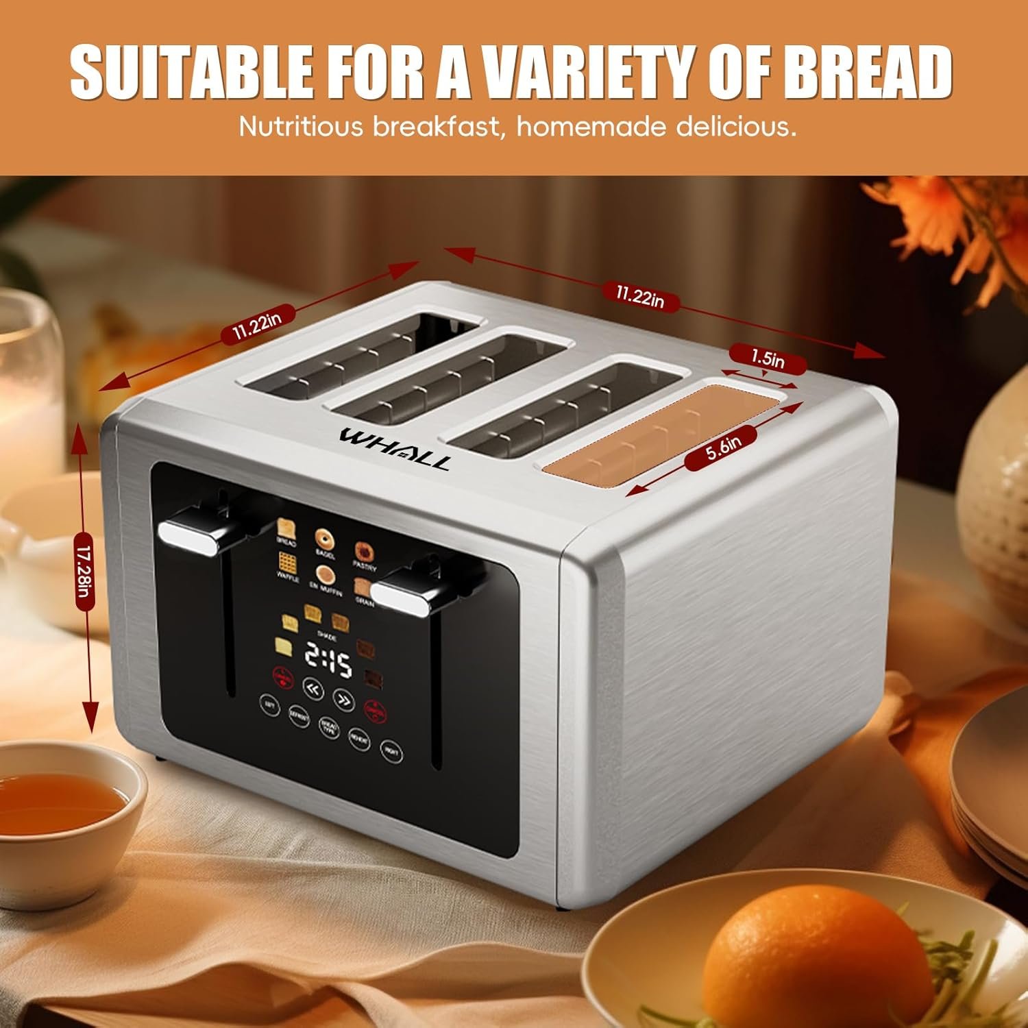 whall 4 Slice Touch Screen Toaster, Stainless Steel Toasters Digital Timer, Dual Control Panel Toasters,6 Shade Settings&6 Bread Types, Smart Wide Slots, Bagel, Cancel, Defrost,Flat Lever Silver - Image 5