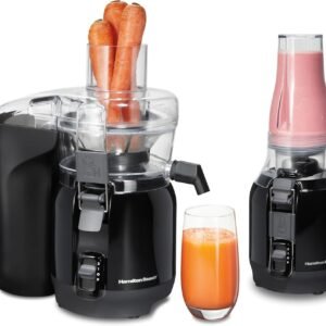 Hamilton Beach Juice & Blend 2-in-1 Juicer Machine and 20 oz. Blender, Big Mouth Large 3” Feed Chute for Whole Fruits and Vegetables, Easy to Clean, Centrifugal Extractor, 800W Motor, Black (67970)