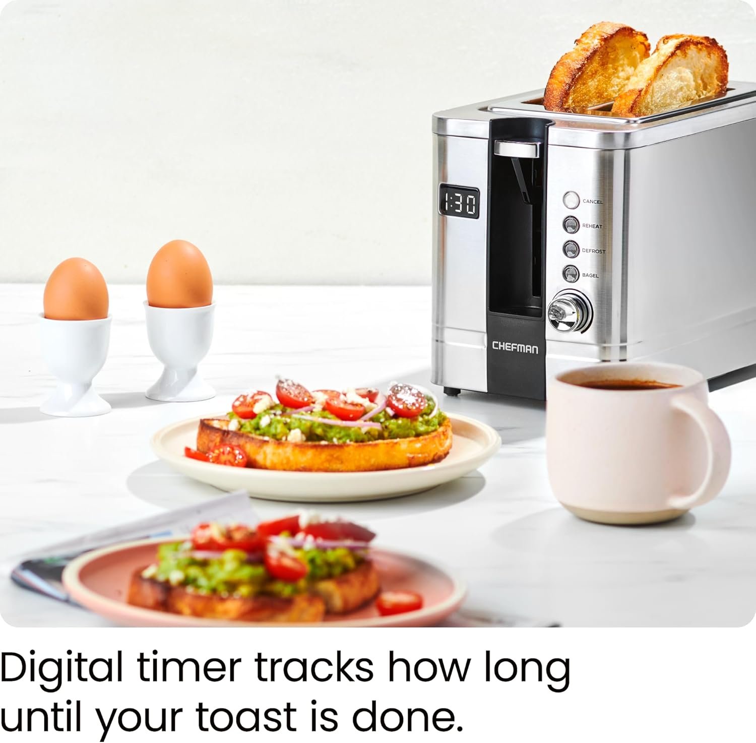Chefman 2-Slice Digital Toaster, Pop-Up, Stainless Steel, Extra-Wide Slots For Bagels, Defrost, Reheat, Cancel Functions, Removable Crumb Tray - Image 4