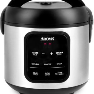 AROMA® Digital Rice Cooker, 4-Cup (Uncooked) / 8-Cup (Cooked), Steamer, Multicooker, Slow Cooker, Oatmeal Cooker, Auto Keep Warm, 2 Qt, Stainless Steel Exterior