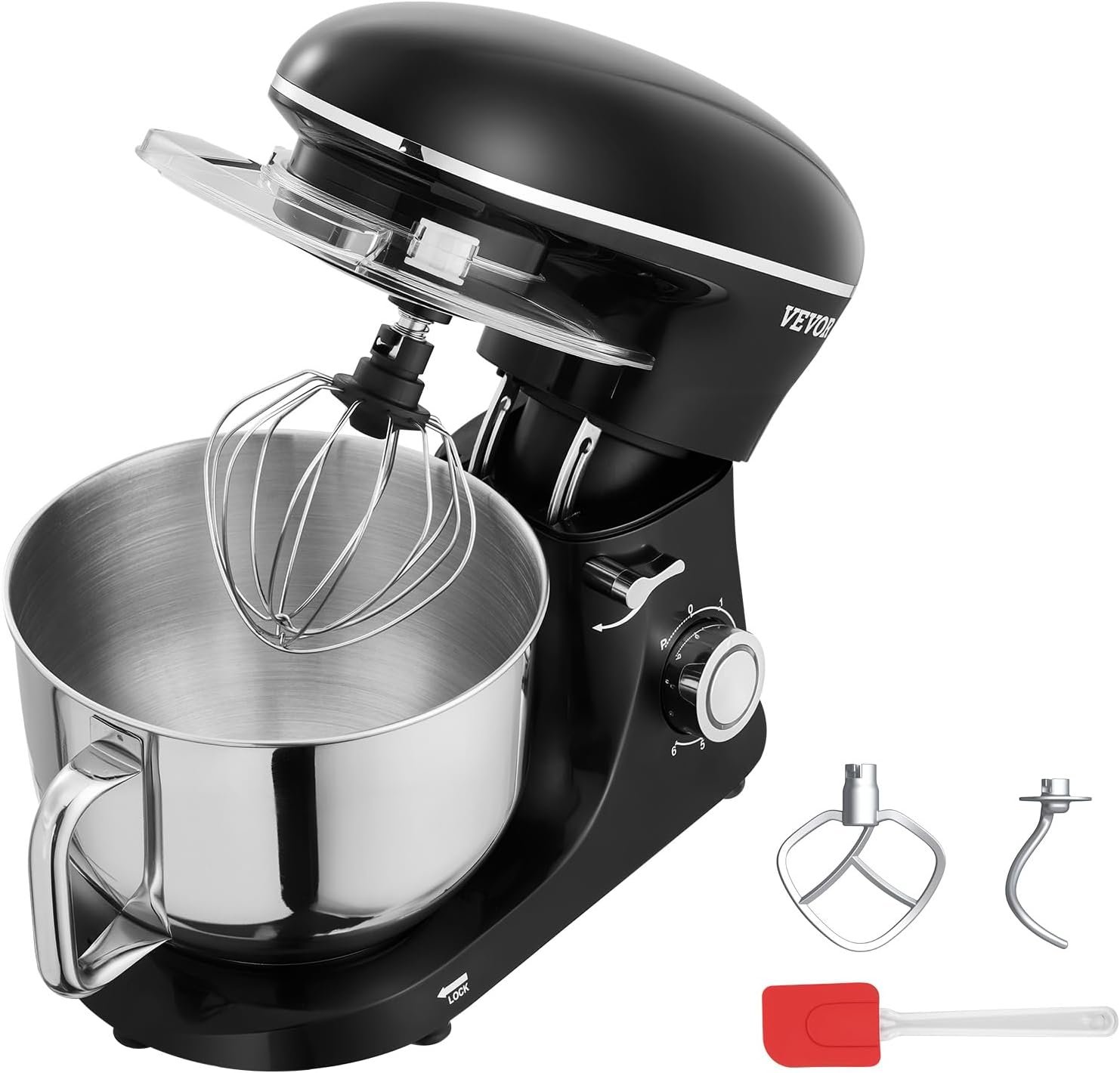 VEVOR Stand Mixer, 6 QT Dough Mixer, 660W 6 + P Speeds Tilt-head Food Mixer with Stainless Steel Bowl, Dough Hook, Wire Whip, Flat Beater, Scraper,Household Stand Mixer for Baking & Mixing, Black - Image 9