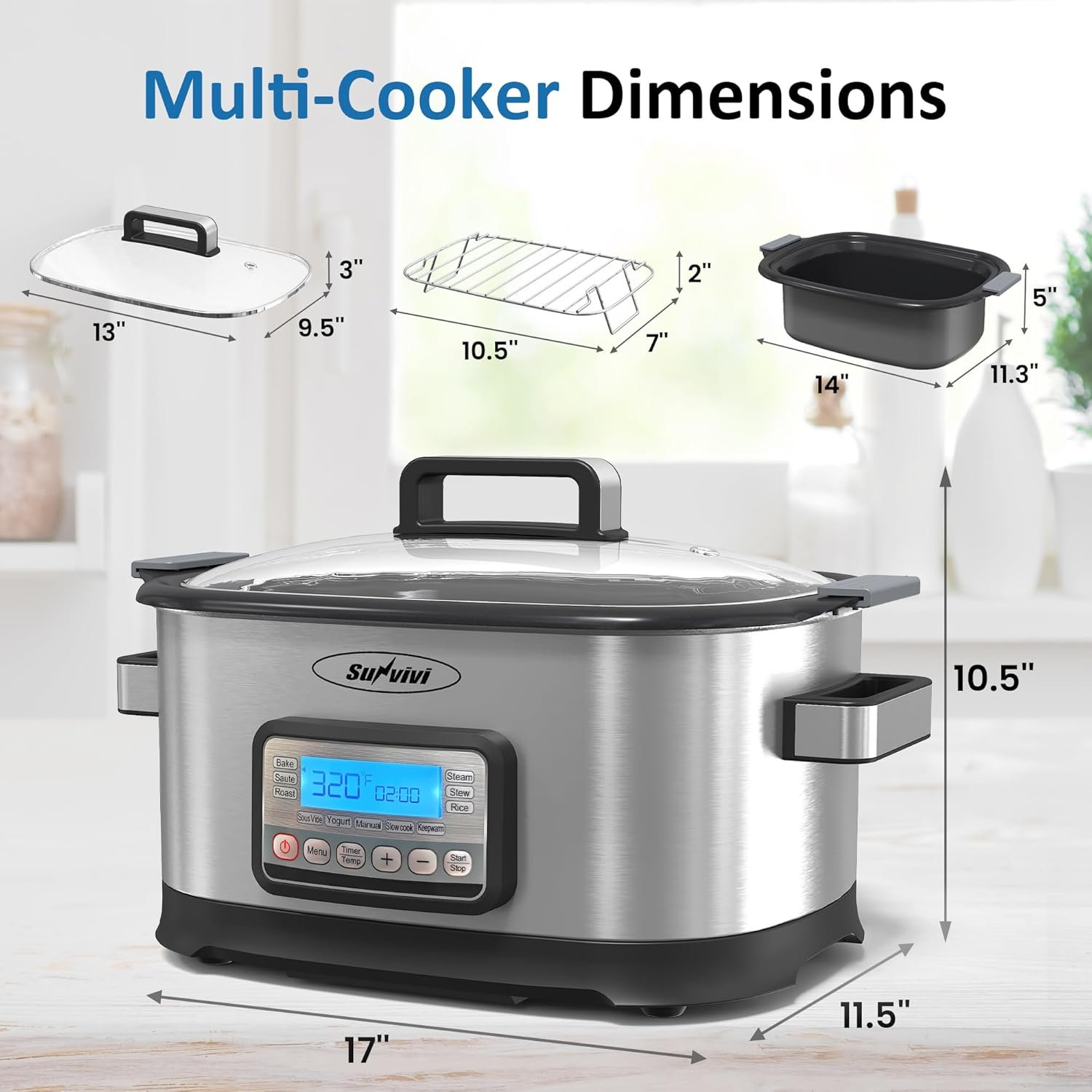 11-in-1 Multicooker, 6.5QT Slow Cooker Roaster Oven, Digital Programmable Multi Functional Pot with Timer, Temp Control, Delay Start, Glass Lid, Removable Nonstick Pot & Roast/Steam Rack - Image 9