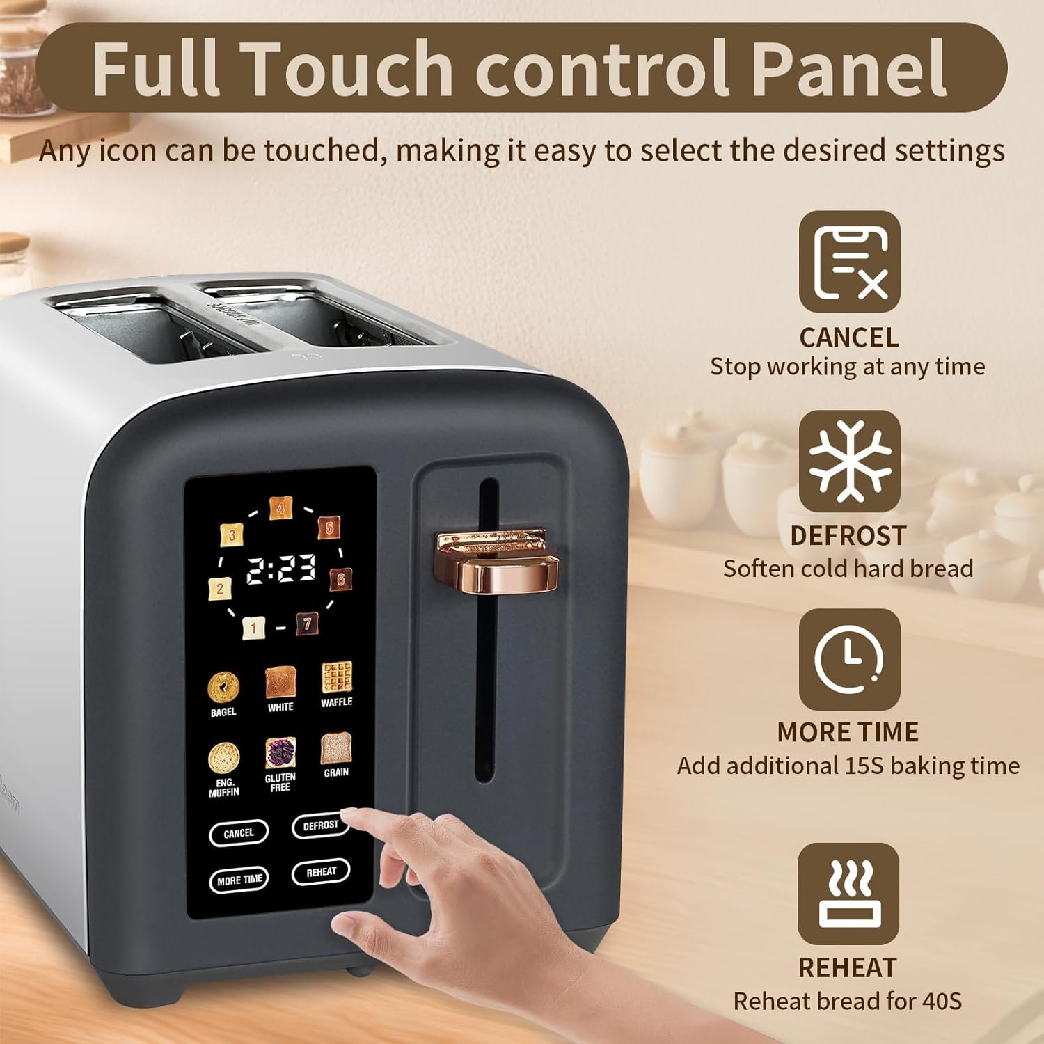 SEEDEEM Toaster 2 Slice, Full Touch Control Stainless Toaster, LCD Display, 50% Faster Heating Speed, 6 Bread Type, 7 Shade Setting, 1.5''Wide Slots, Removable Crumb Tray, 1350W, Dark Chocolate - Image 4