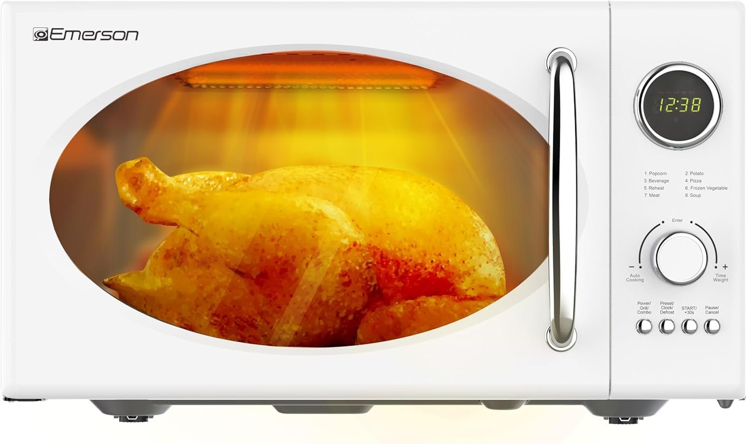 Emerson MWRG0901W Retro Compact Countertop 800W Microwave Oven with 1,000W Grill Function, LED Display 5 Power Levels, 8 Auto Menus, Glass Turntable and Child Safe Lock, 0.9 Cu. Ft, White - Image 4