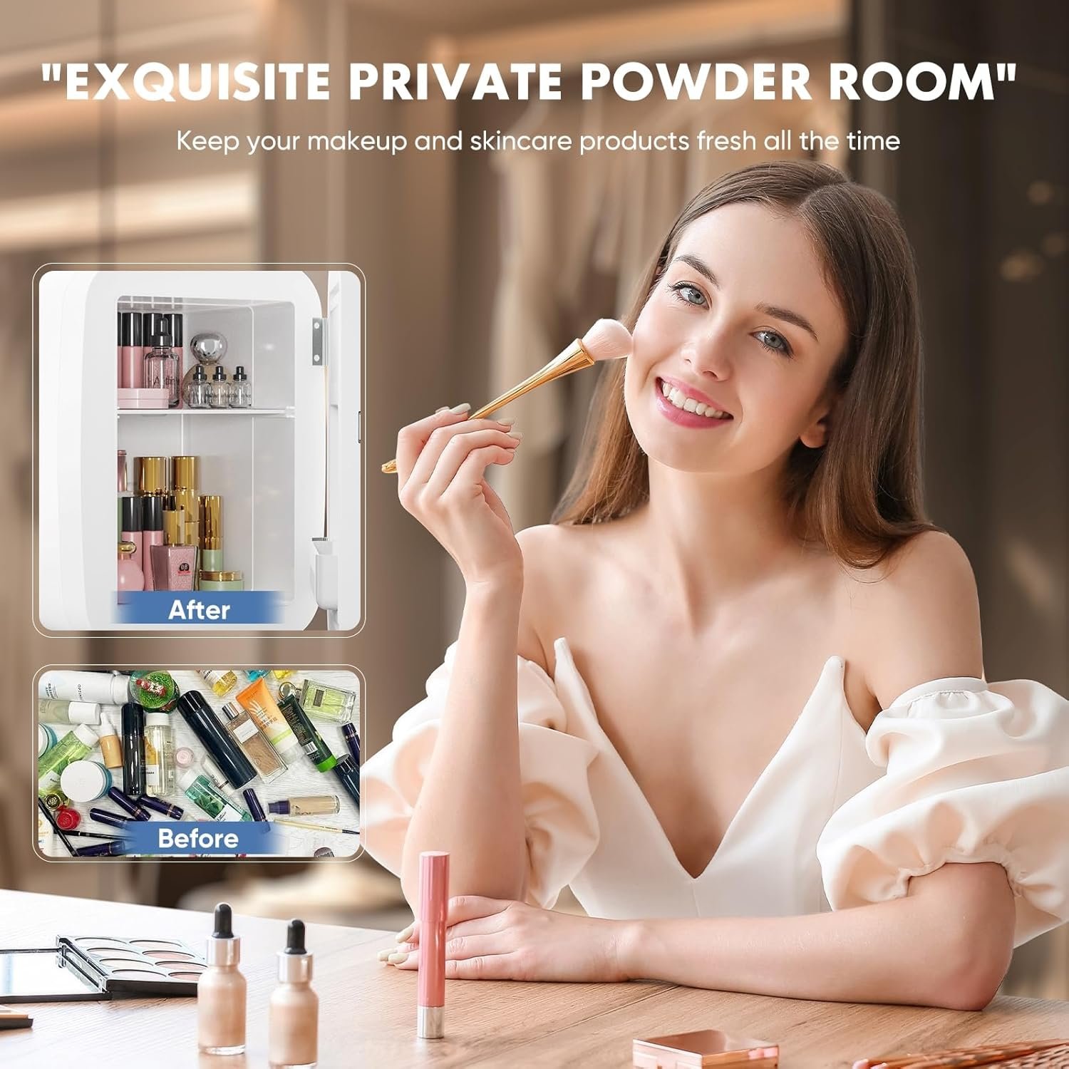 FAB&DELUXE Mini Fridge, 4 Liter/6 Can Portable Cooler & Warmer Compact Refrigerator for Skincare, Cosmetics, Beverage, Food, Great for Bedroom, Office, Dorm, Car - White - Image 5