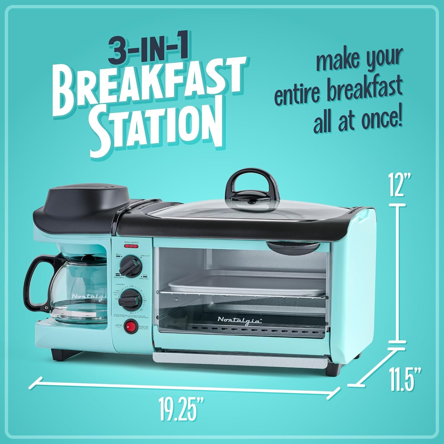 Nostalgia 3-in-1 Breakfast Station - Includes Coffee Maker, Non-Stick Griddle, and 4-Slice Toaster Oven - Versatile Breakfast Maker with Timer - Aqua - Image 2