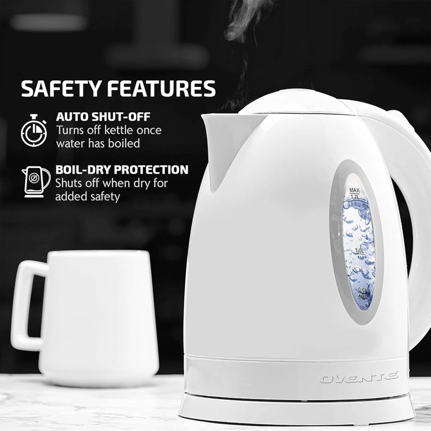 OVENTE Electric Kettle, 1.7L Fast Boiling Water Heater for Coffee or Tea, BPA Free with Water Level Gauge, Auto Shut-Off, Boil-Dry Protection, Indicator Light and Removable Filter, White KP72W - Image 2