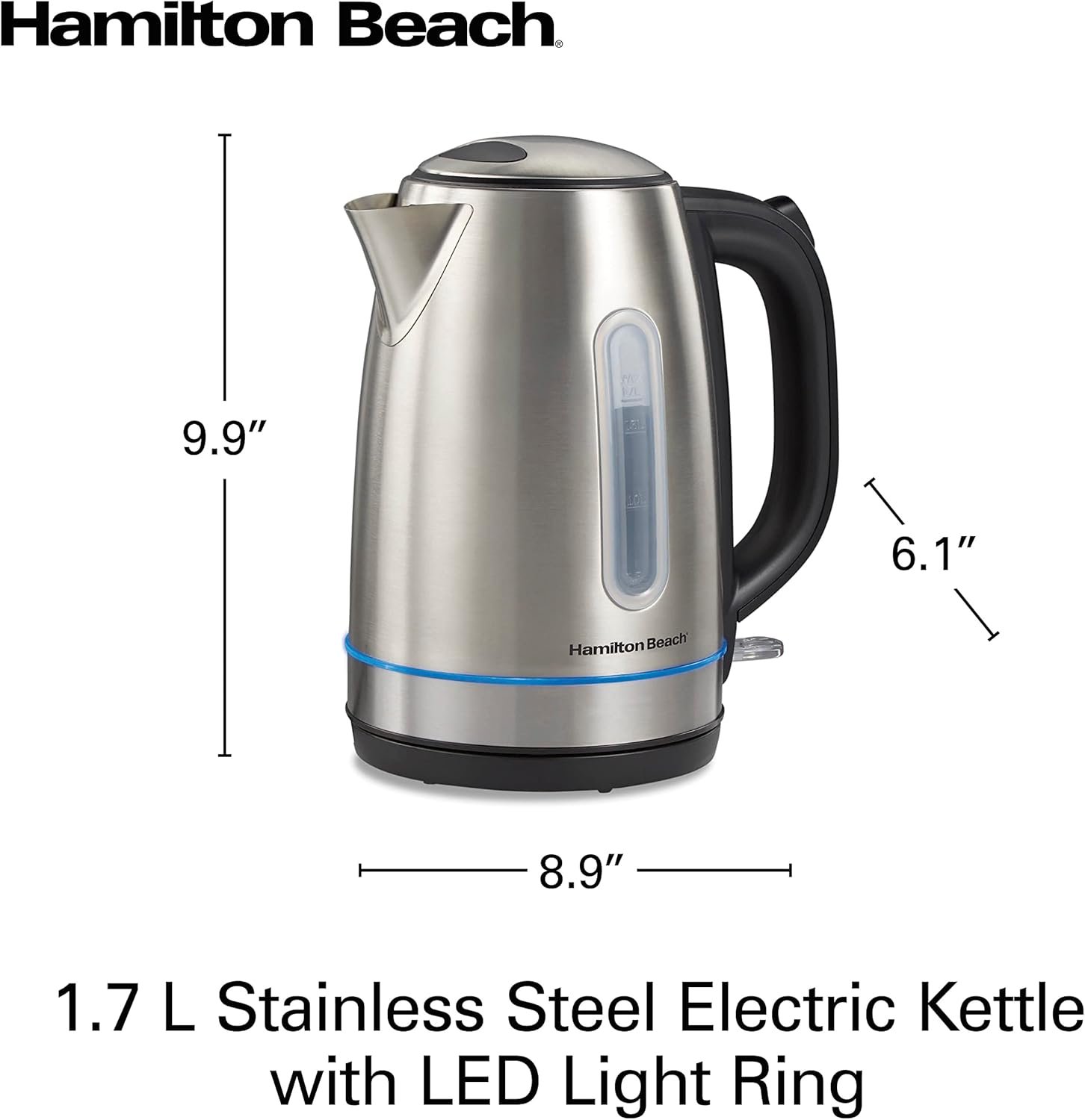 Hamilton Beach Electric Tea Kettle, Water Boiler & Heater, 1.7 Liter, Cordless Serving, 1500 Watts for Fast Boiling, Auto-Shutoff and Boil-Dry Protection, Stainless Steel with LED Light Ring (41037) - Image 9