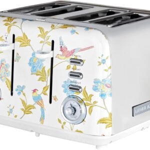 VQ Laura Ashley Elveden White Stainless Steel 4 Slice Toaster | Multi-Functional Bagels & Bread Toaster 4 Slice with Adjustable Heating & Defrost Mode | Featuring 4 Wide Slots, Croissant Warming Rack