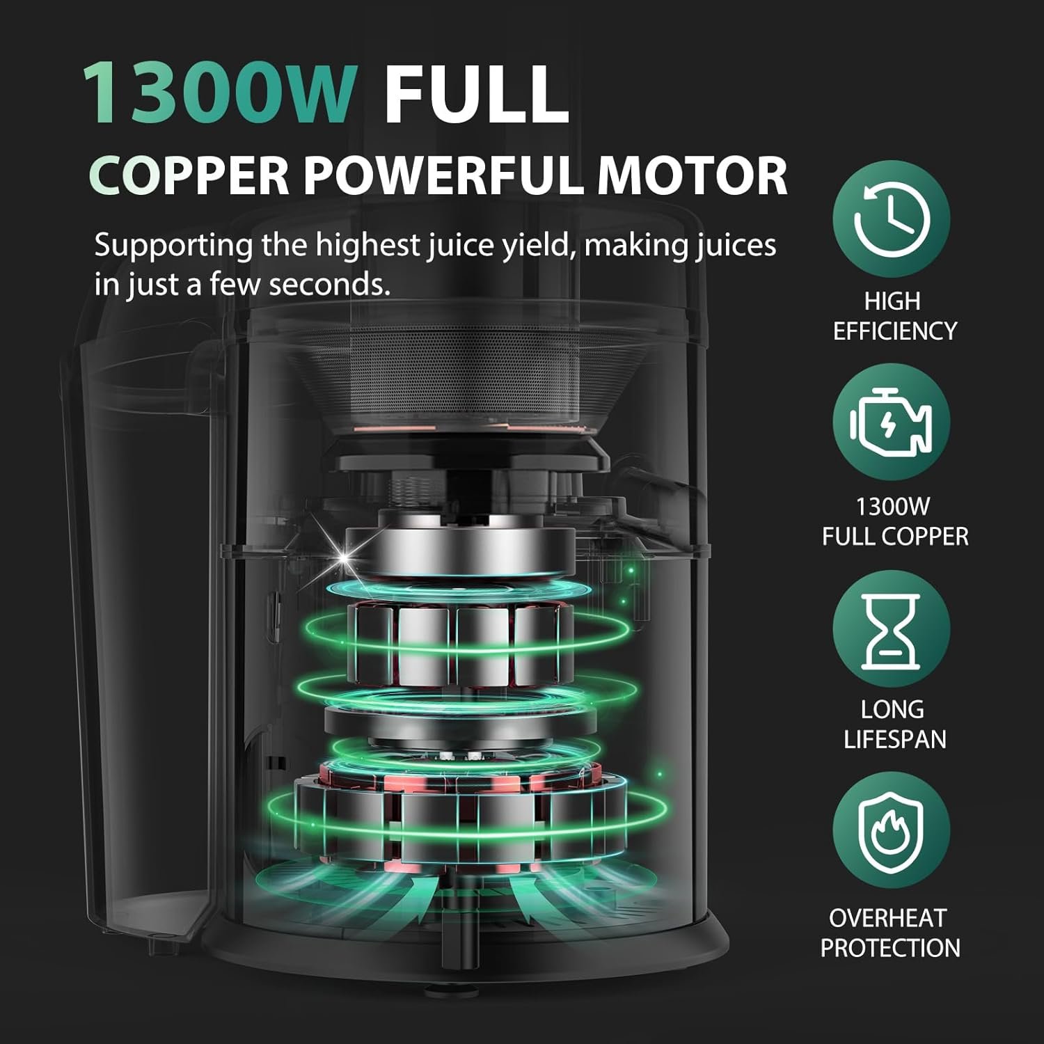 1300W KOIOS Centrifugal Juicer Machines, Juice Extractor with Extra Large 3inch Feed Chute, Full Copper Motor, Titanium-Plated Filter, High Juice Yield, 3 Speeds Mode,Easy to Clean with Brush,BPA-Free - Image 2