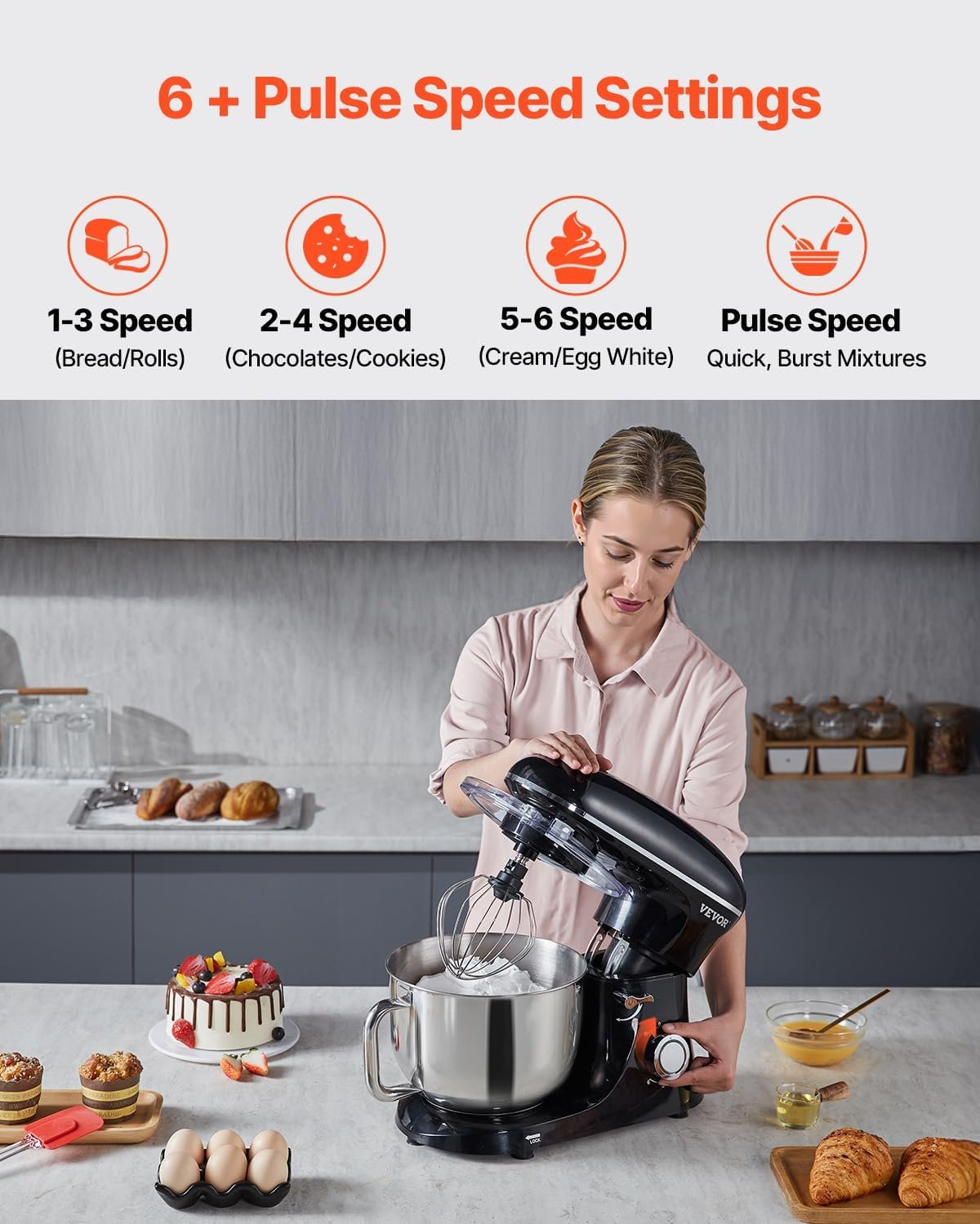 VEVOR Stand Mixer, 6 QT Dough Mixer, 660W 6 + P Speeds Tilt-head Food Mixer with Stainless Steel Bowl, Dough Hook, Wire Whip, Flat Beater, Scraper,Household Stand Mixer for Baking & Mixing, Black - Image 3