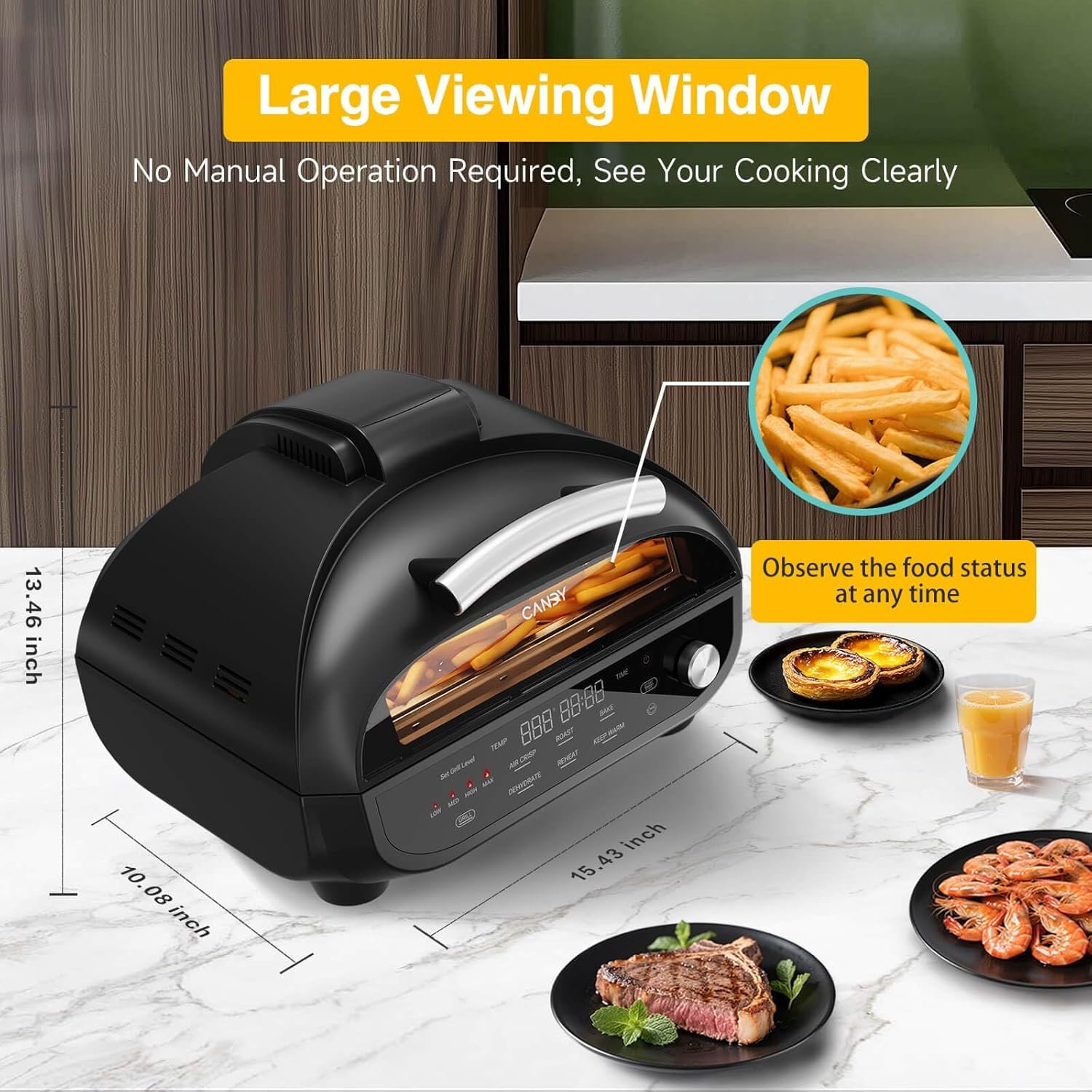 CANDY™ Indoor Grill and Air Fryer Combo with Ceramic Accessories, 7-IN-1 Digital Display, 360° Heating Electric, 500°F Max, Large Viewing Window, Roast, Bake & Dehydrate, Adjustable Temps, Easy Clean - Image 4