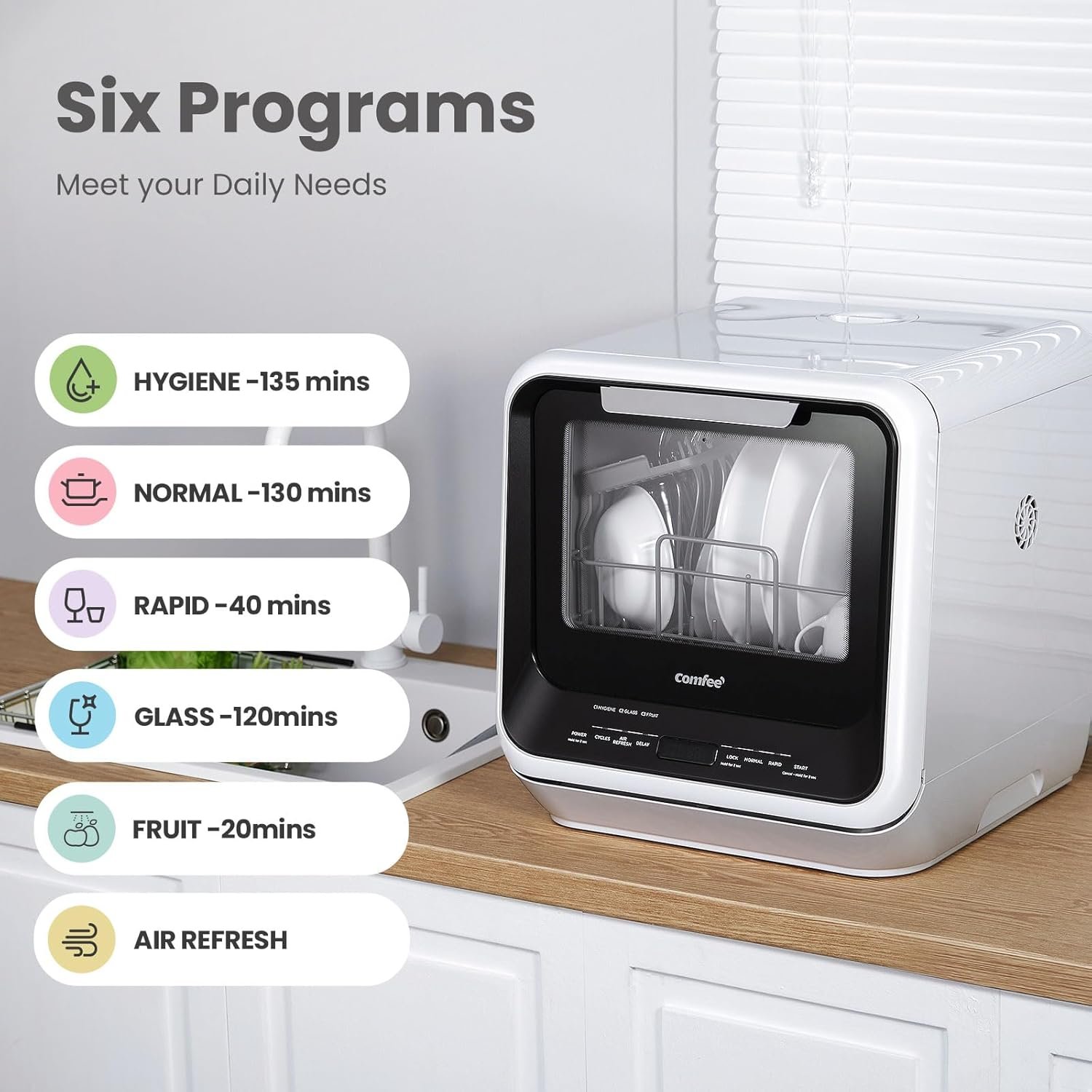 COMFEE' Portable Mini Dishwasher Countertop with 5L Built-in Water Tank for Apartments& RVs, No Hookup Needed, 6 Programs, 360° Dual Spray, 162℉ High-Temp& Air-Dry Function - Image 6