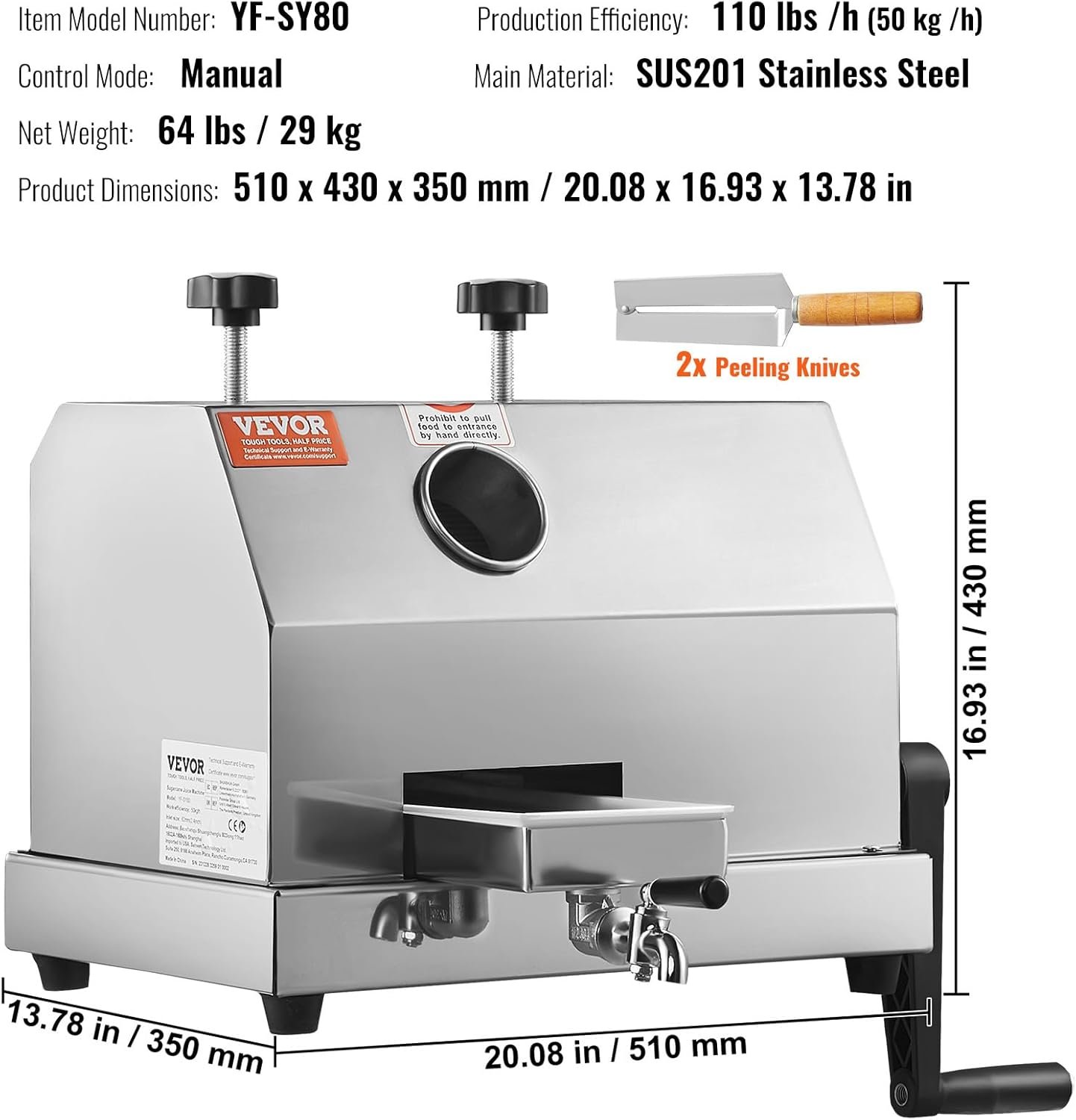 VEVOR Commercial Sugar Cane Juicer, 110LBS/H High Output Sugarcane Juicer Machine with 3 Stainless Steel Rollers, 2.4" Large Inlet, Manual Sugarcane Juice Extractor Squeezer for Home/Commercial Use - Image 7