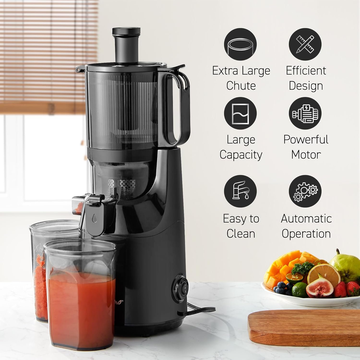 Elite Gourmet EJX320 Big Mouth Whole Fruit 5.2” Self-Feeding Chute, Cold Press Masticating Slow Juice Extractor, Hands-Free, Less Prep, Easy to Clean, Impact Resistant BPA Free Tritan, Black - Image 2