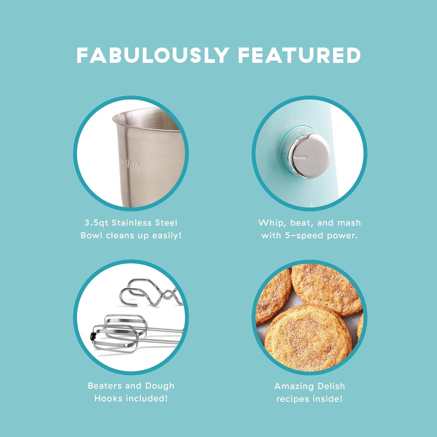 DASH Delish by DASH Compact Stand Mixer, 3.5 Quart with Beaters & Dough Hooks Included - Blue - Image 3