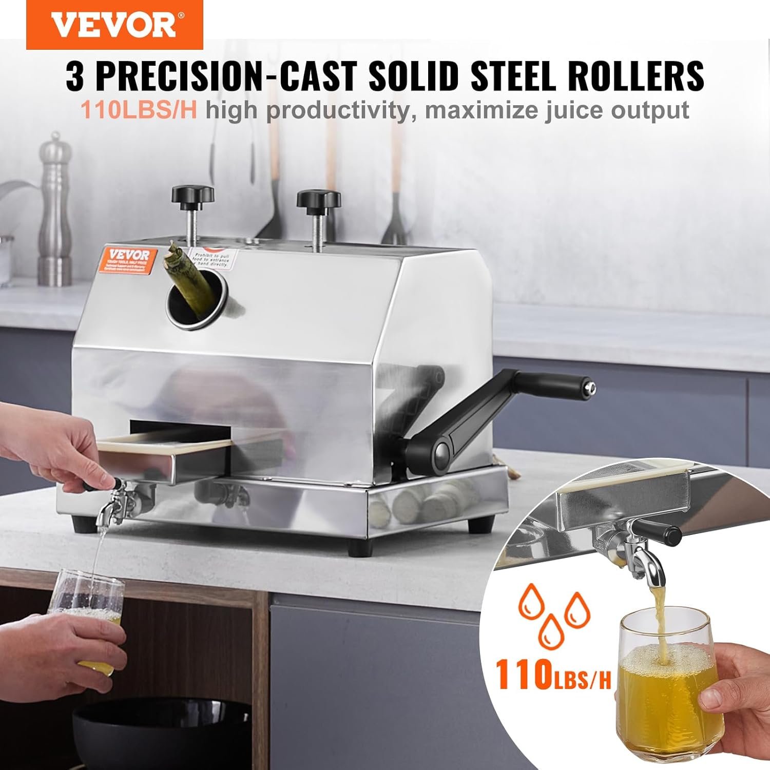 VEVOR Commercial Sugar Cane Juicer, 110LBS/H High Output Sugarcane Juicer Machine with 3 Stainless Steel Rollers, 2.4" Large Inlet, Manual Sugarcane Juice Extractor Squeezer for Home/Commercial Use - Image 2