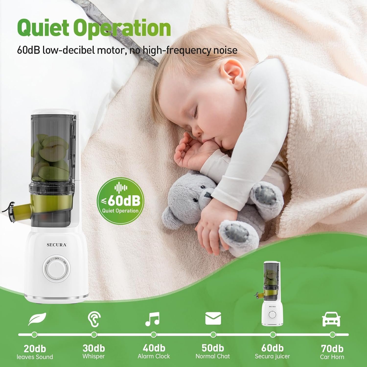 Secura Mesh Free Slow Juicer with Stainless Steel Prong Spiral Auger, Cold Press Juicer, Masticating Juicer Machines with Quiet Motor & Reverse Function for Vegetables and Fruits, White - Image 6