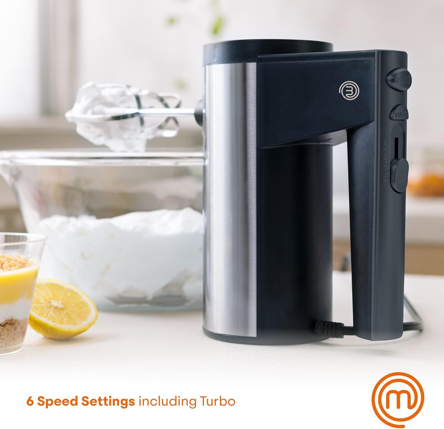 MasterChef Hand Mixer Electric, Handheld Egg Beater with Whisk Attachments and Dough Hooks, Stainless Steel Cake Accessories for Baking, Whipping Machine with Dishwasher Safe Parts, 6 Speed Settings - Image 2