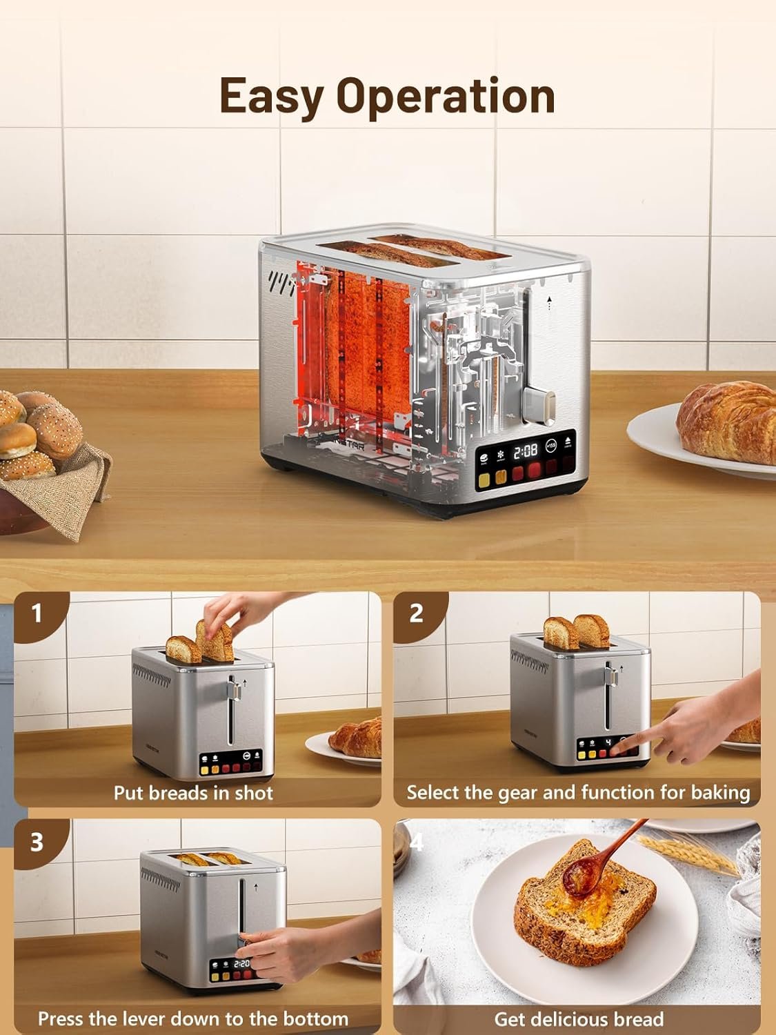 Touch Screen 2-Slice Toaster with 6 Browning Levels, Bagel & Defrost Mode, Wide 1.5" Slots, Stainless Steel, Removable Crumb Tray, Even Toasting, 850W Smart Toaster for Bagels & Waffles - Image 6