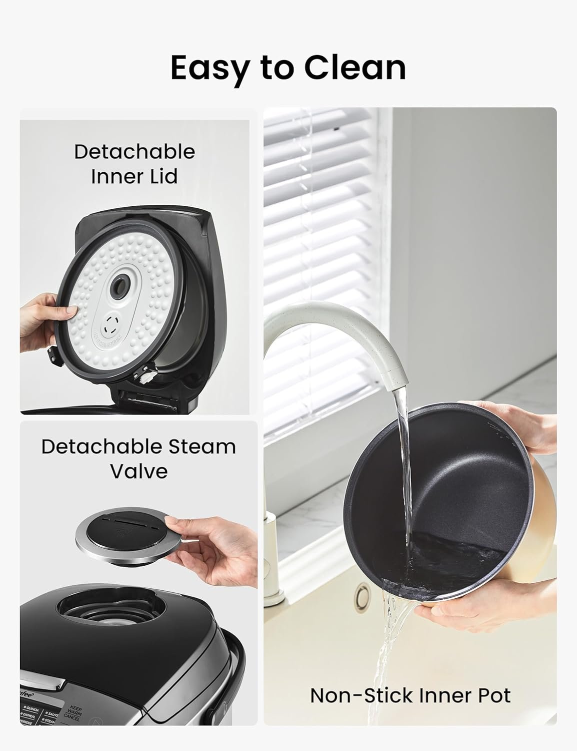 COMFEE' Rice Cooker 12 Cups Cooked/6 Cups Uncooked, Portable Non-Stick Rice Maker, Japanese Rice Cooker with Fuzzy Logic Technology, 24-Hour Timer Delay, 11 Presets, Steamer, Fast Rice Cooker, Grain Cooker, Black - Image 7