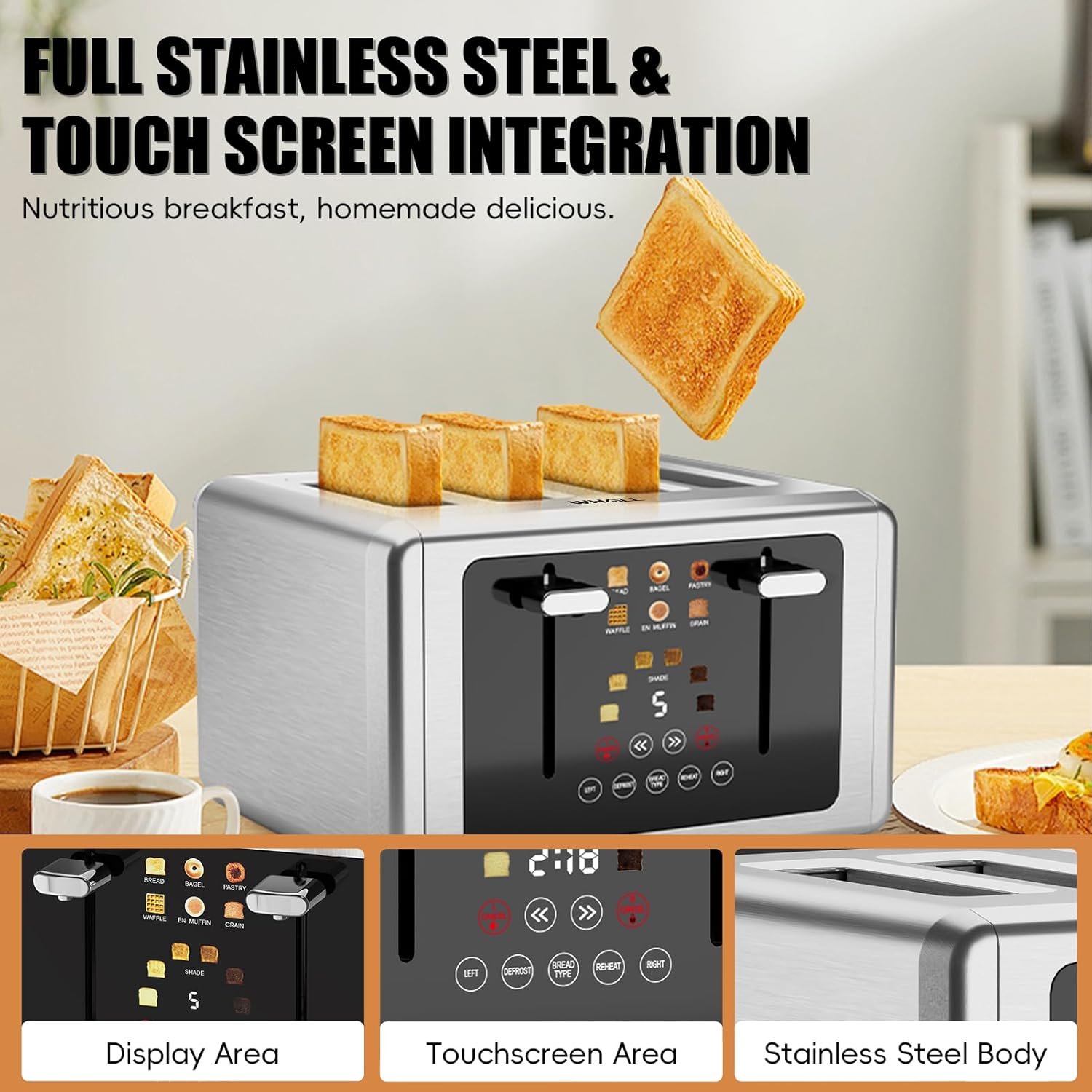 whall 4 Slice Touch Screen Toaster, Stainless Steel Toasters Digital Timer, Dual Control Panel Toasters,6 Shade Settings&6 Bread Types, Smart Wide Slots, Bagel, Cancel, Defrost,Flat Lever Silver - Image 6