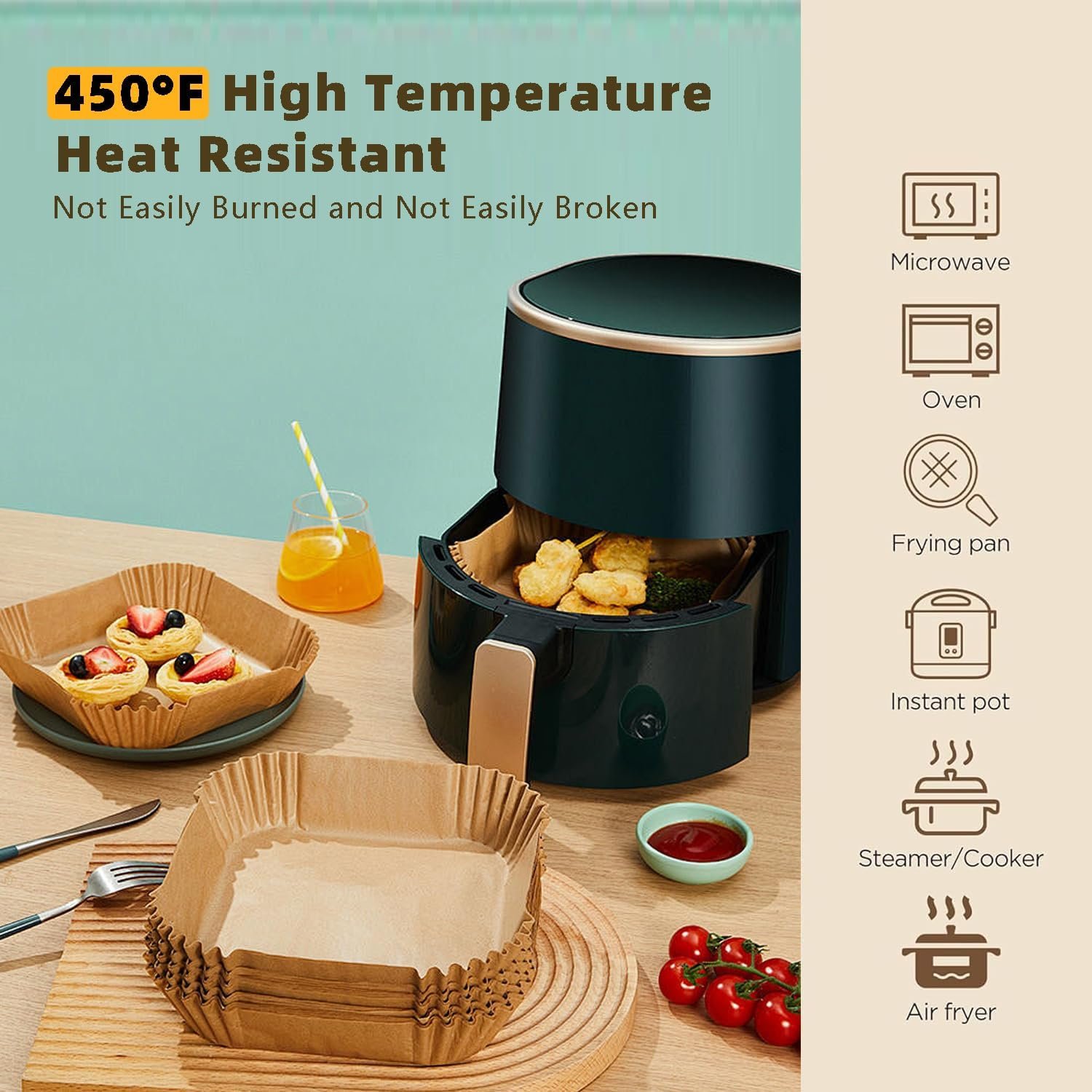 Square Air Fryer Disposable Paper Liner - 8 Inches 100 Pcs Square Shaped, Oil & Water Resistant Parchment Paper Liners, Fit for 5-8 QT Air Fryer, Microwave, Non-Stick Basket and Pans - Image 3