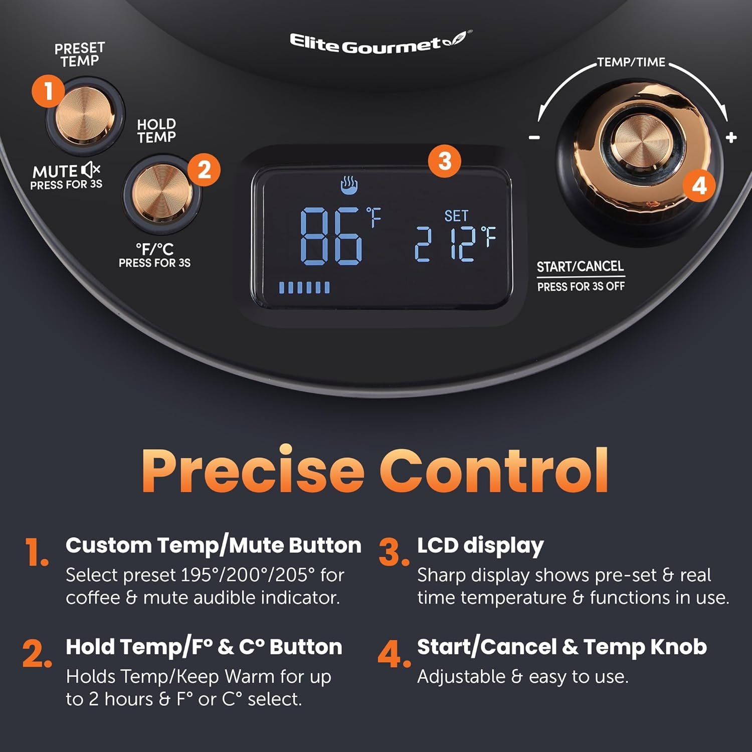 Elite Gourmet EKT3001 1L Digital Water Kettle, 304 Stainless Steel Interior, Programmed Temperatures, Keep Warm Function, Cordless, 360° Base, Auto Off & Audible Indicator, Matte Black - Image 2