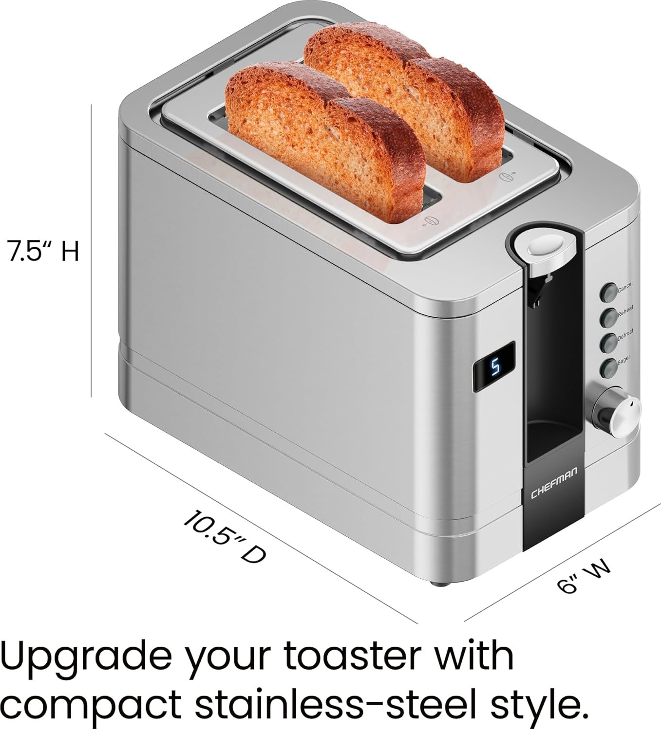 Chefman 2-Slice Digital Toaster, Pop-Up, Stainless Steel, Extra-Wide Slots For Bagels, Defrost, Reheat, Cancel Functions, Removable Crumb Tray - Image 9