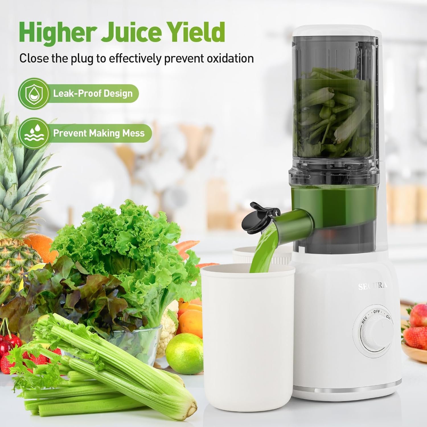 Secura Mesh Free Slow Juicer with Stainless Steel Prong Spiral Auger, Cold Press Juicer, Masticating Juicer Machines with Quiet Motor & Reverse Function for Vegetables and Fruits, White - Image 7