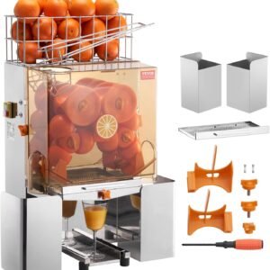 VEVOR Commercial Orange Juicer Machine, 120W Automatic Juice Extractor, Stainless Steel Orange Squeezer for 20 Oranges Per Minute, with Pull-Out Filter Box, PC Cover, 2 Peel Collecting Buckets
