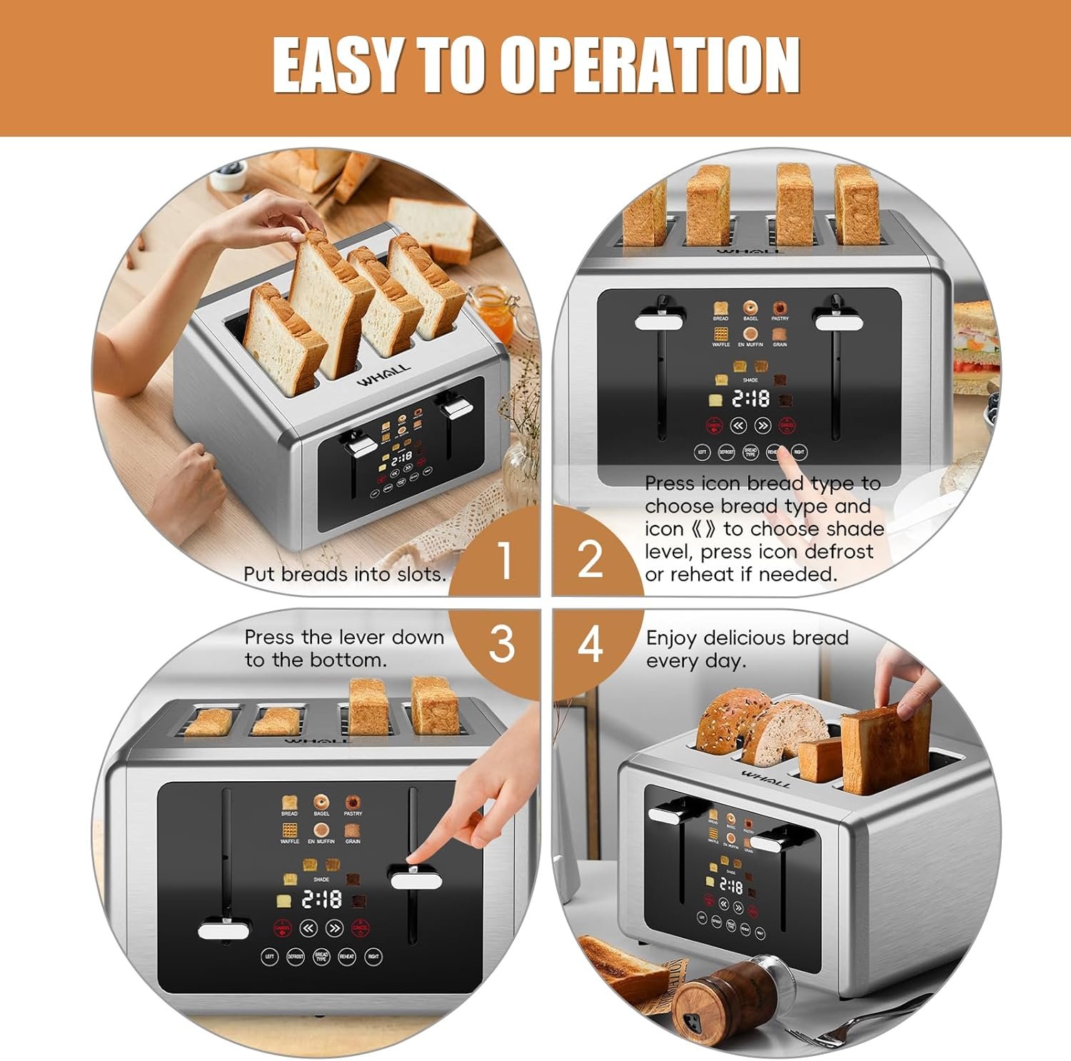 whall 4 Slice Touch Screen Toaster, Stainless Steel Toasters Digital Timer, Dual Control Panel Toasters,6 Shade Settings&6 Bread Types, Smart Wide Slots, Bagel, Cancel, Defrost,Flat Lever Silver - Image 7