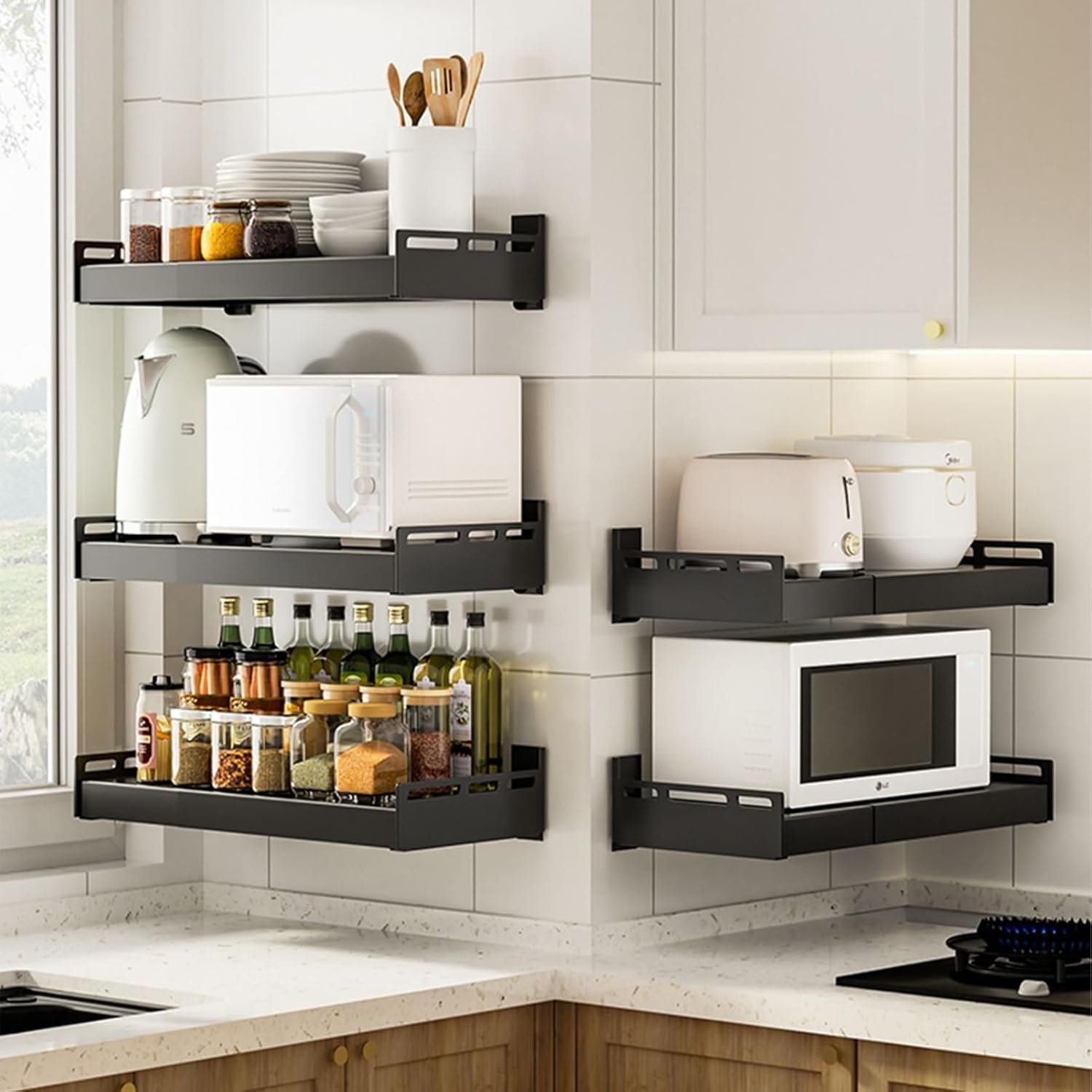 Adjustable Microwave Stand - Space-Saving Wall-Mounted Rack for Kitchen Storage, Versatile Microwave Oven Shelf, Sturdy and Efficient Microwave Rack for Small Spaces - Image 4