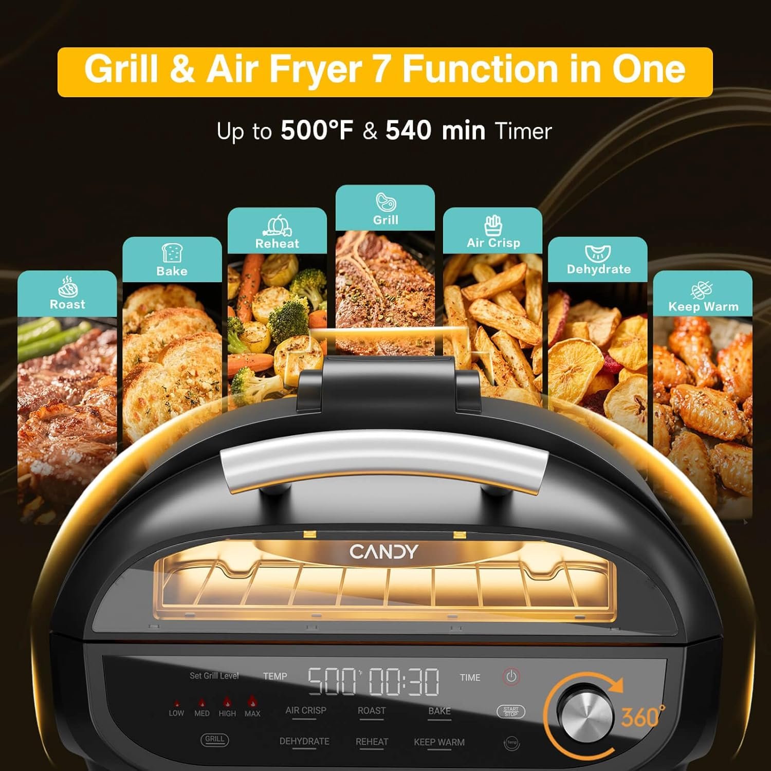 CANDY™ Indoor Grill and Air Fryer Combo with Ceramic Accessories, 7-IN-1 Digital Display, 360° Heating Electric, 500°F Max, Large Viewing Window, Roast, Bake & Dehydrate, Adjustable Temps, Easy Clean - Image 2