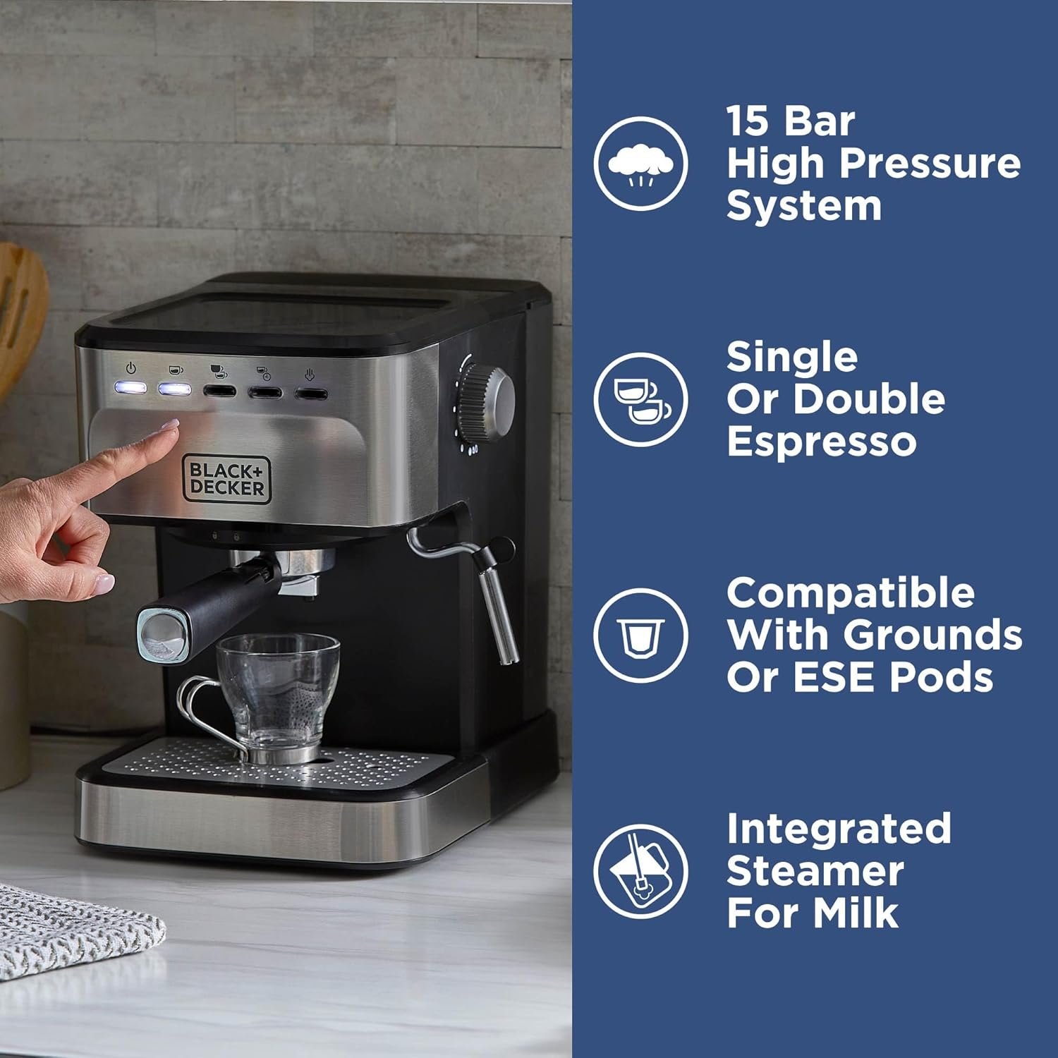 BLACK+DECKER Semi-Automatic 15 Bar Espresso and Cappuccino Maker, Versatile Machine with Ability to use Grounds or ESE Pods to Make Your Perfect Cup of Coffee - Image 2