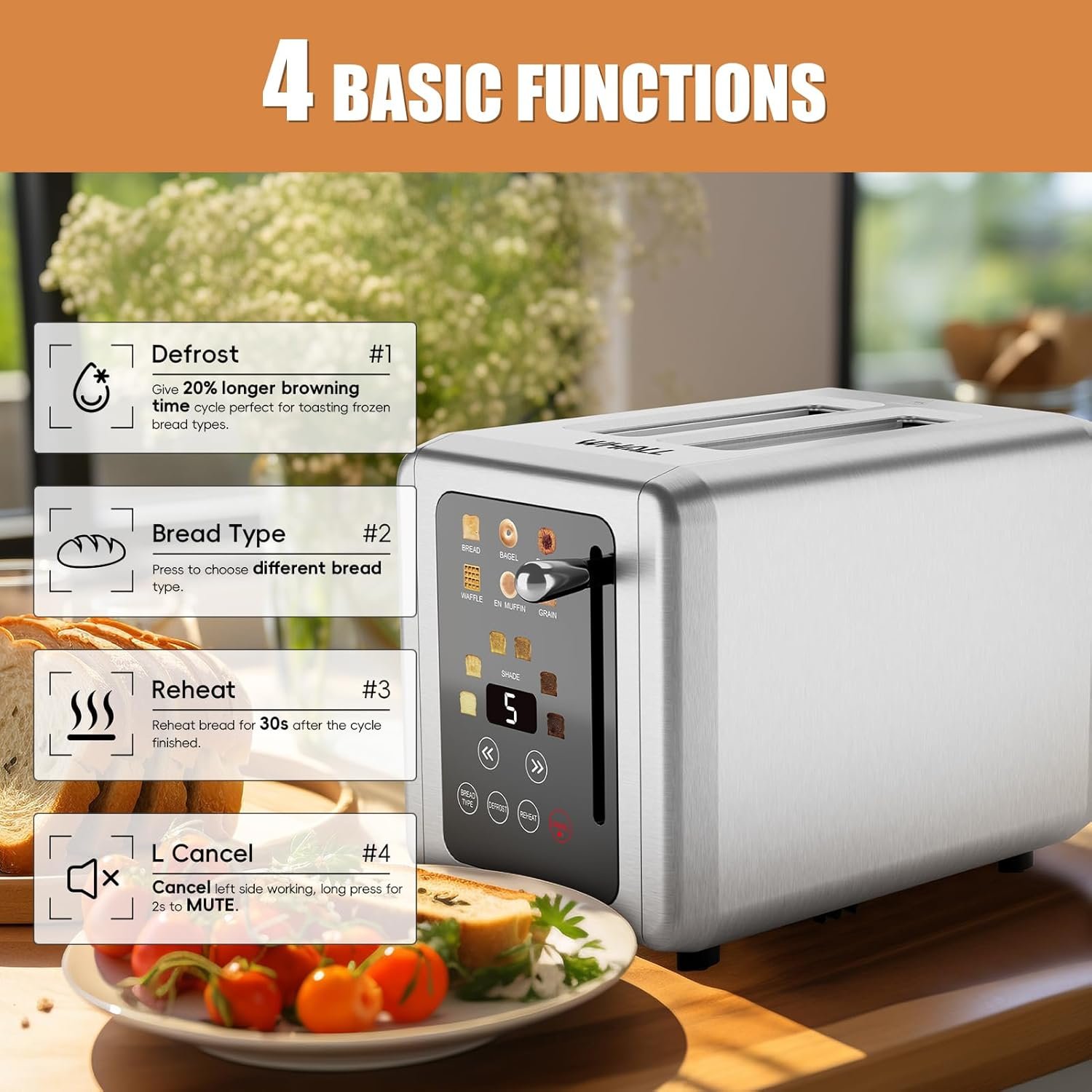WHALL® Touch Screen Toaster 2 Slice, Stainless Steel Digital Timer Toaster, 6 Bread Types & 6 Shade Settings, Smart Extra Wide Slots Toasters With Bagel, Cancel, Defrost Functions - Image 3