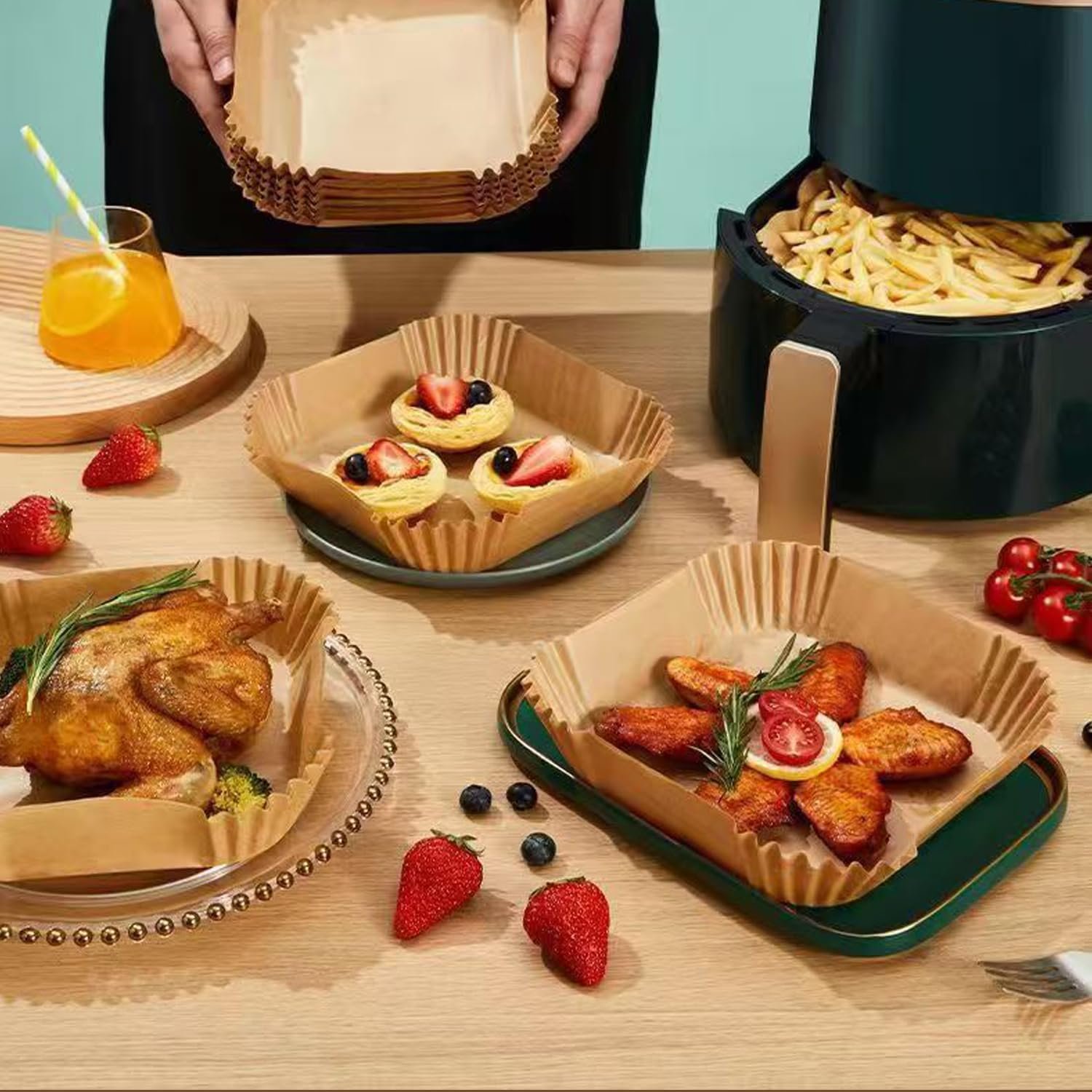 Square Air Fryer Disposable Paper Liner - 8 Inches 100 Pcs Square Shaped, Oil & Water Resistant Parchment Paper Liners, Fit for 5-8 QT Air Fryer, Microwave, Non-Stick Basket and Pans - Image 7