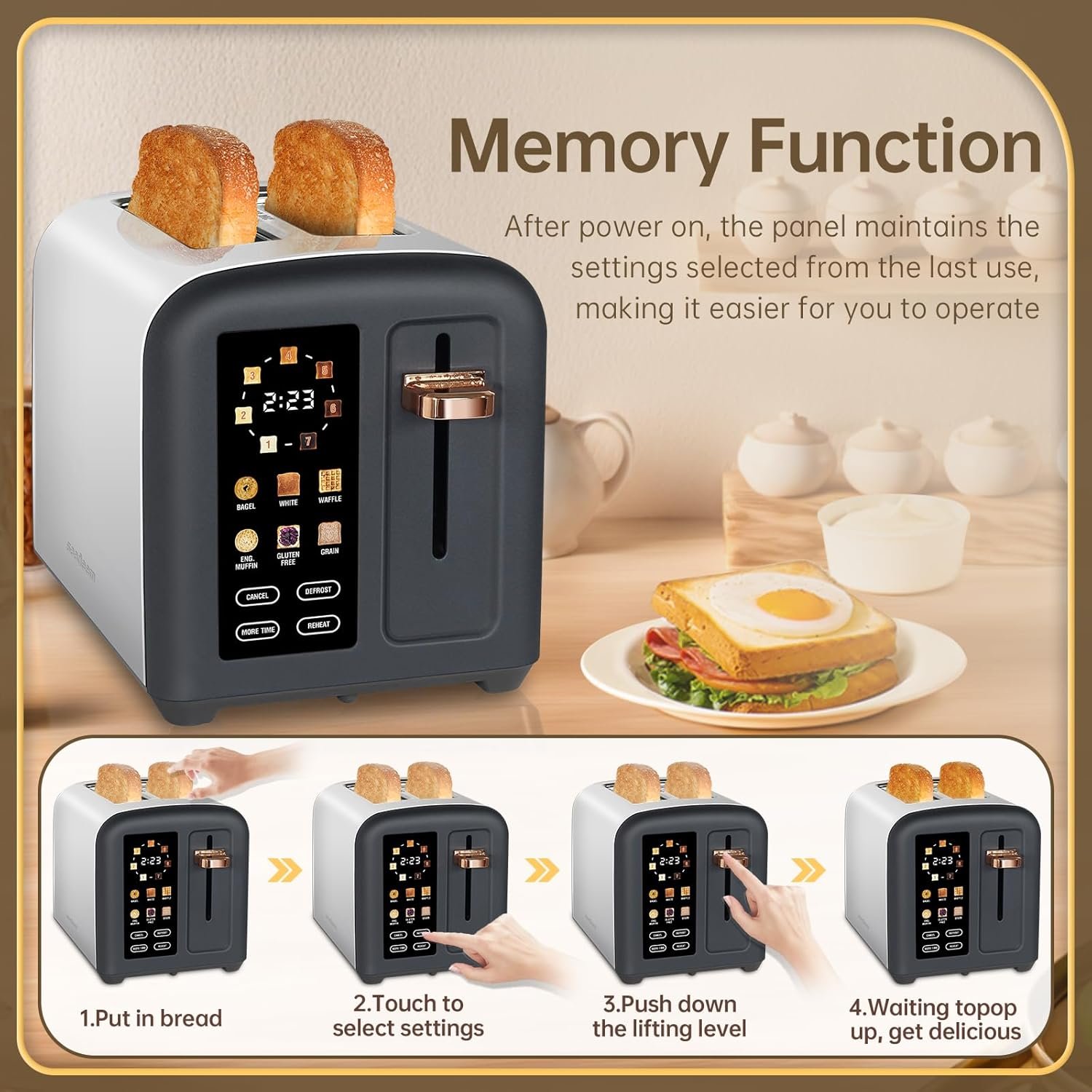 SEEDEEM Toaster 2 Slice, Full Touch Control Stainless Toaster, LCD Display, 50% Faster Heating Speed, 6 Bread Type, 7 Shade Setting, 1.5''Wide Slots, Removable Crumb Tray, 1350W, Dark Chocolate - Image 6