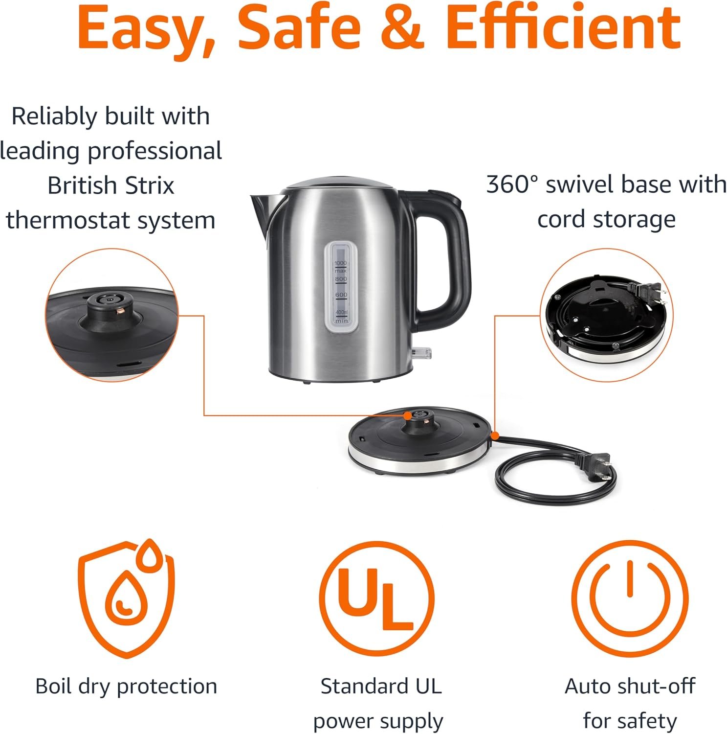 Amazon Basics 1.1Qt (1L) Electric Kettle, Tea Kettle & Water Boiler, with Auto Shut-Off, Boil Dry Protection, High-Safety Strix Thermostat, BPA-Free, 1500W, Stainless Steel, New Model, Black & Silver - Image 3