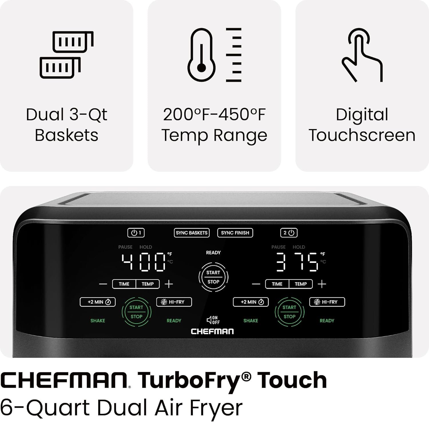 Chefman 6 Quart Dual Basket Air Fryer - Digital Touchscreen, Smart Sync Finish, Hi-Fry, Auto Shutoff, 2 Independent 3QT Nonstick Dishwasher-Safe Frying Baskets - Digital Double Air Fryer - Black - Image 4