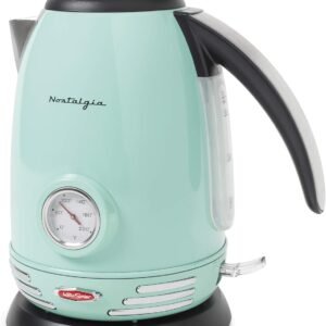Nostalgia Retro Stainless Steel Electric Tea And Water Kettle, 1.7 Liters, Auto-Shut Off & Boil-Dry Protection, Water Level Indicator Window, Aqua