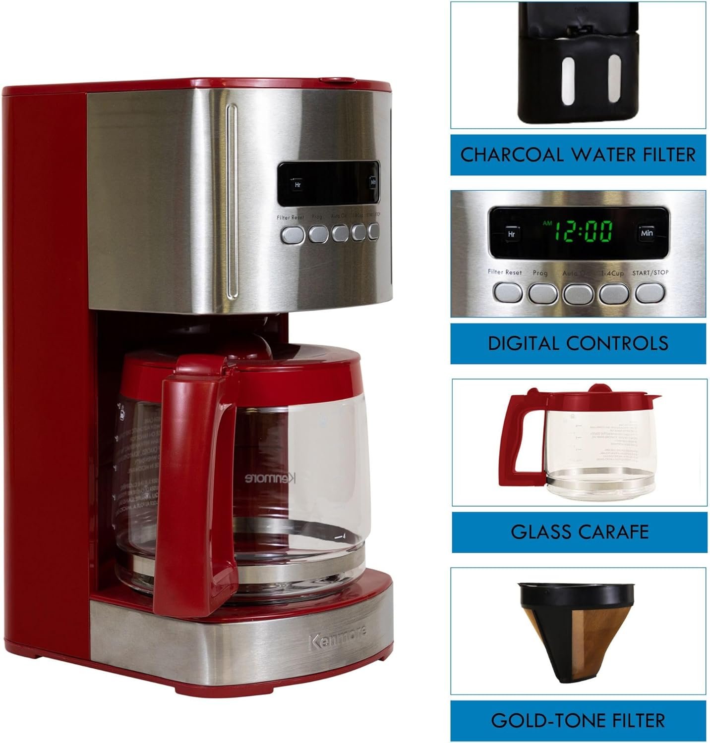 Kenmore Coffee Maker 12 cup Drip Coffee Machine Reusable Filter Programmable Timer Digital Display Aroma Control Glass Carafe Charcoal Water Filter Regular Bold Stainless Steel and Red - Image 4
