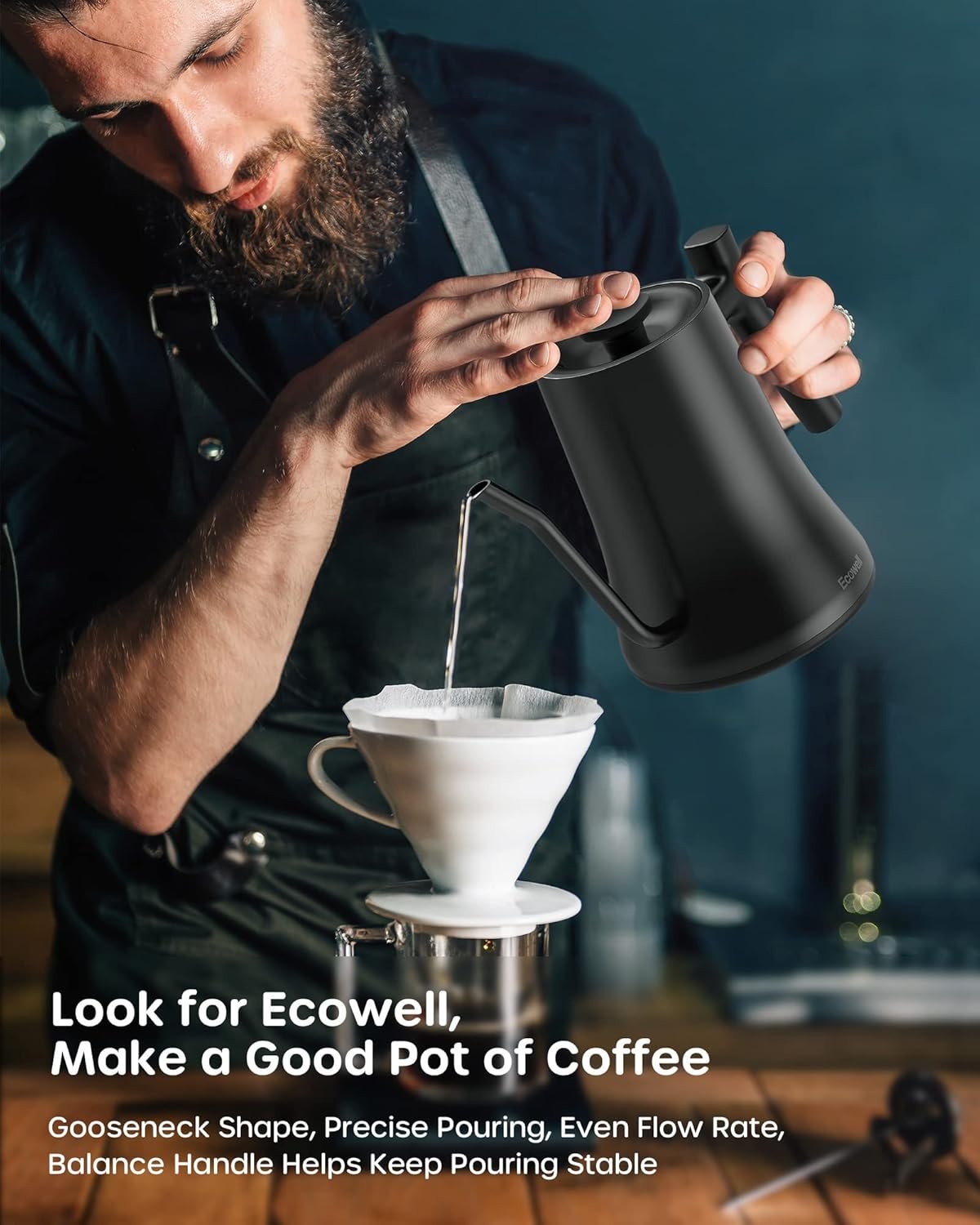 Ecowell WMTS01 Gooseneck Electric Kettle, 0.8L Stainless Steel Electric Tea Kettle with ±1℉ Precision Temperature Control, 1200W Fast Boiling Water Kettle with Auto Shut-Off & Keep Warm, Matte Black - Image 2
